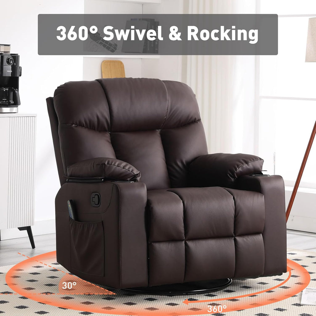 Bonzy Home Swivel Rocker Recliner with Heating and Massage, 40' Manual Rocker Recliner Chair, PU Leather Single Sofa with 2 Cup Holders for Living Room Bedroom, Brown