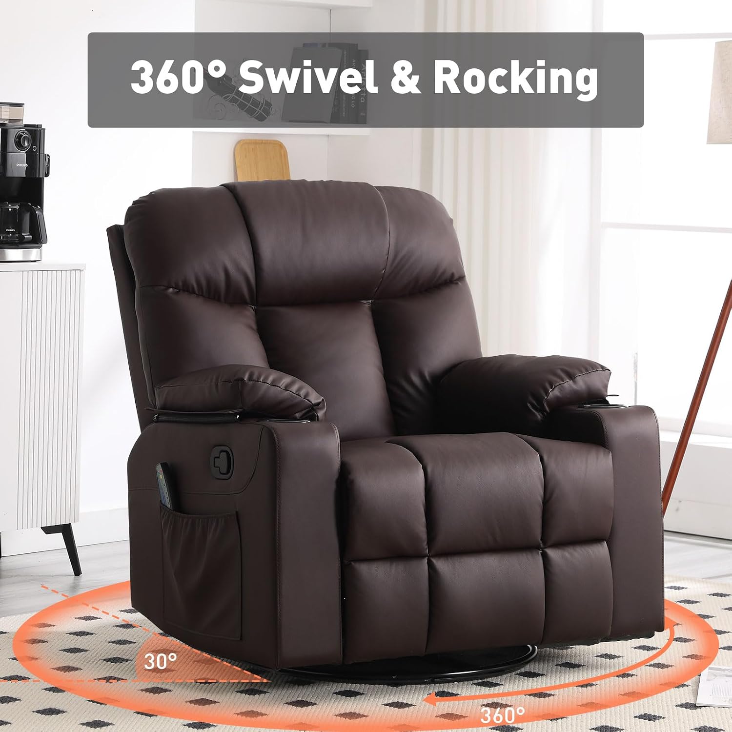 Bonzy Home Swivel Rocker Recliner with Heating and Massage, 40' Manual Rocker Recliner Chair, PU Leather Single Sofa with 2 Cup Holders for Living Room Bedroom, Brown