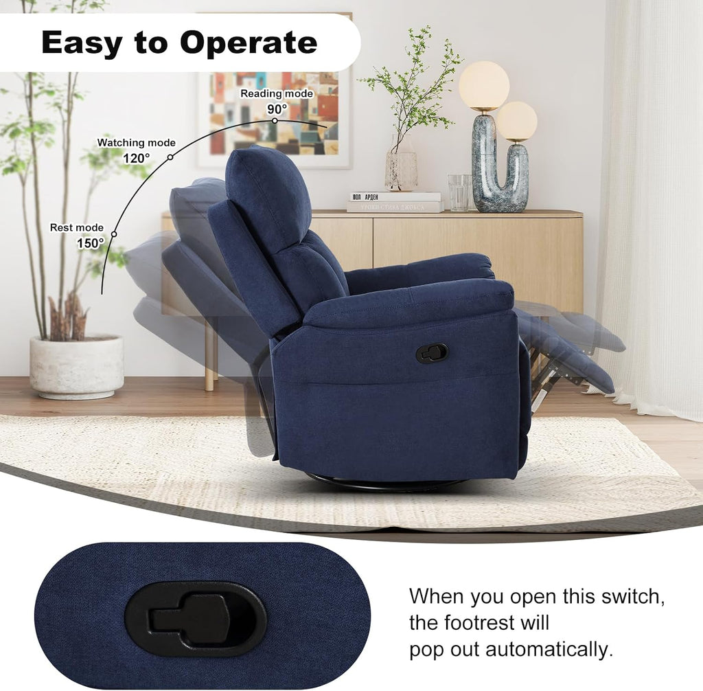 CANMOV Swivel Rocker Recliner, Manual Recliner with Overstuffed Cushion, Nursing Chairs for Living Room, Swivel Glider Recliners with Soft Backrest, Blue