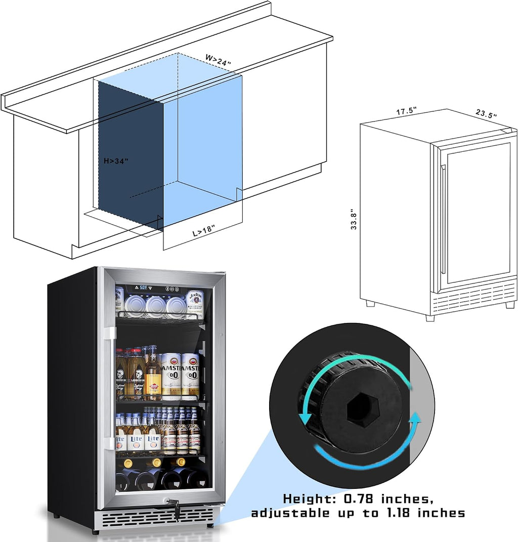 18-inch under-counter beverage refrigerator – 140-Can & 20-Bottle Capacity, Dual-Zone Built-In Beverage Cooler with Glass Door and Quiet Advanced Cooling System