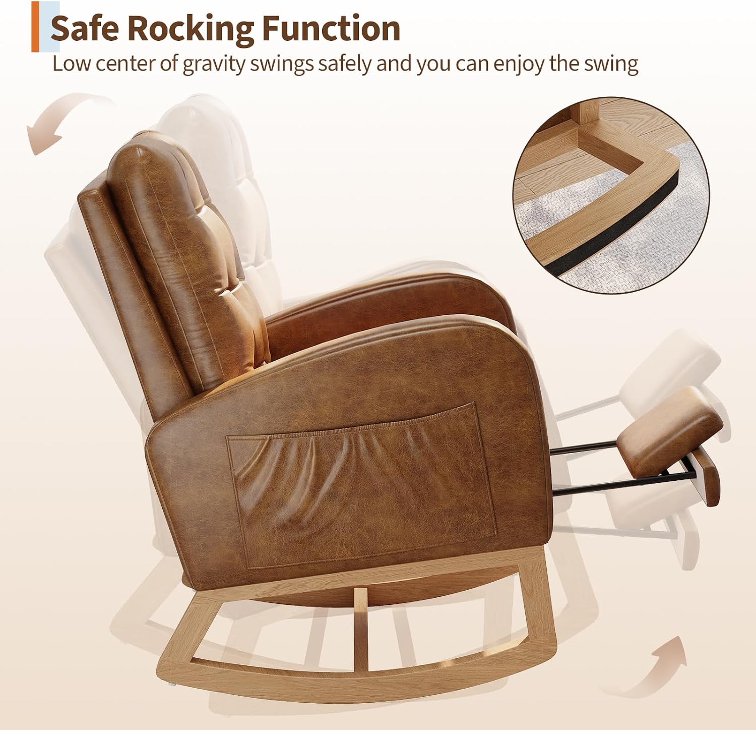 GarveeHome Nursery Rocking Chair with Adjustable Footrest, PU Leather Upholstery, Sturdy Wooden Legs & High Backrest, Comfortable Glider Rocking Chair for Living Room or Bedroom, Orange