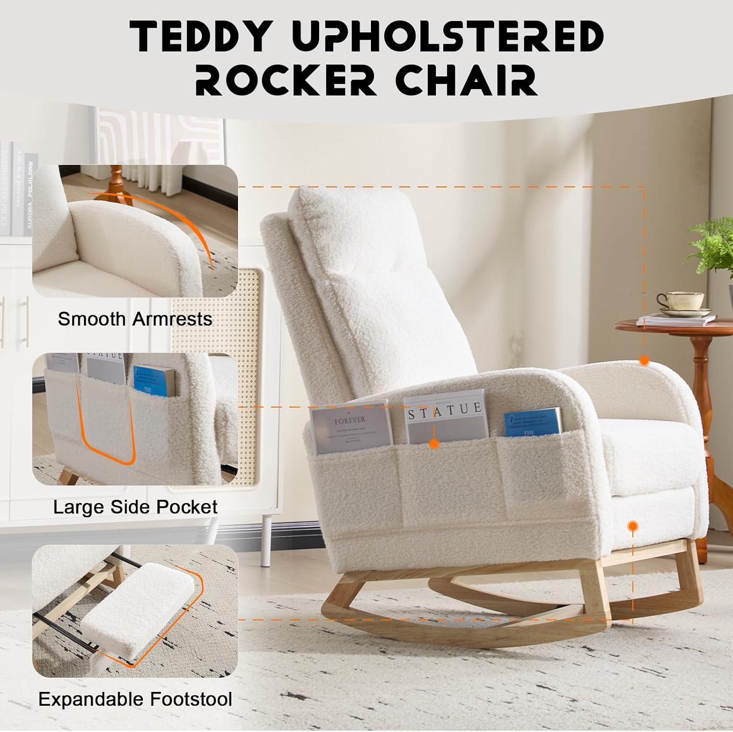 Rocking Chair Nursery with Foot Rest, Sherpa Nursing Rocking for Mom Nursery Rocker Chair with High Backrest, Armchair Rocker Glider with Side Pocket for Living Room, Bedroom, Teddy White