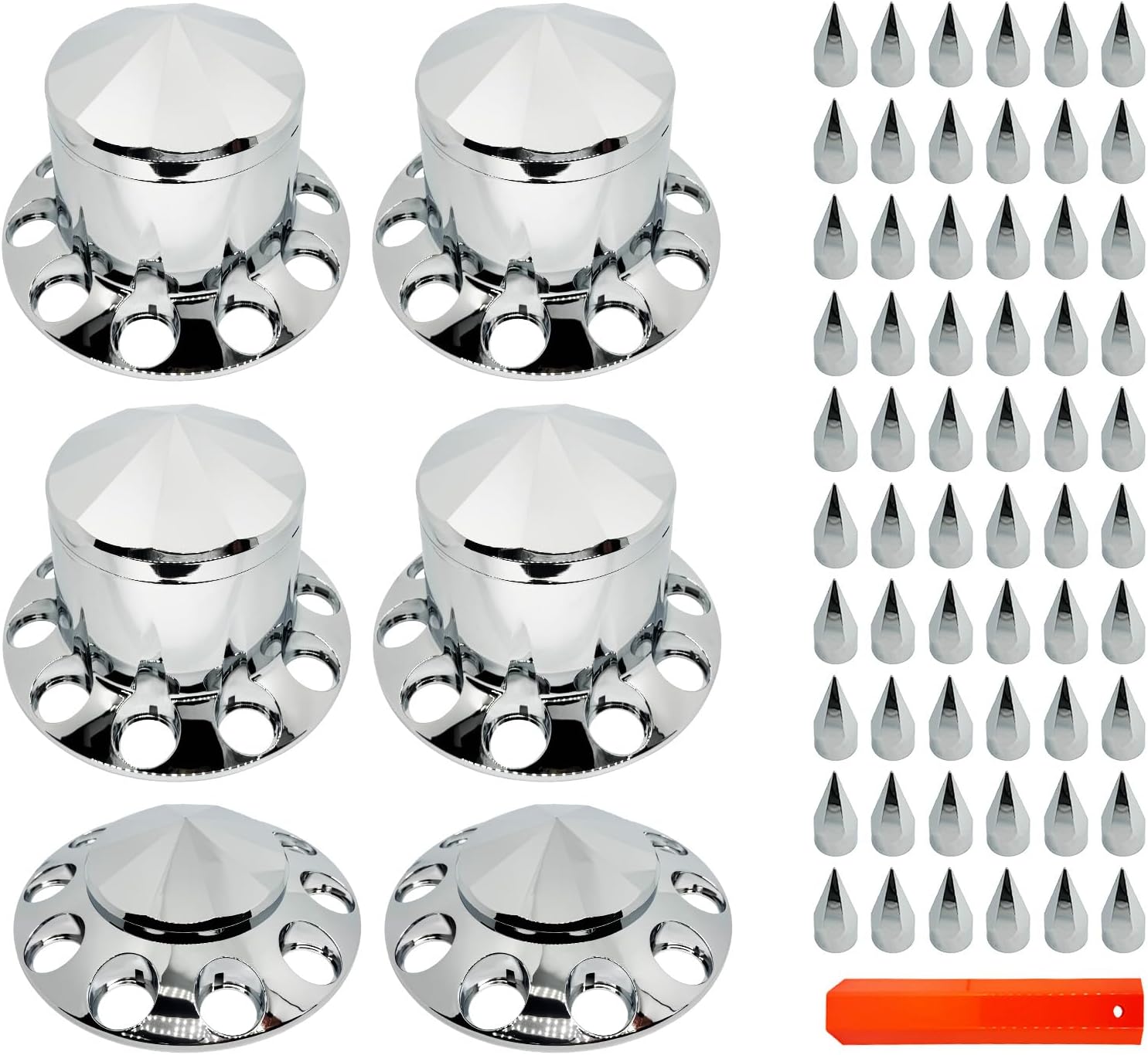 Semi Truck Complete Axle Cover Set Lug Nut Covers Wheel Covers Kit with 2 Front & 4 Rear, and 33mm Thread-on 10 Hole Removable Caps，ABS Chrome Plastic(Installation Tool Included).