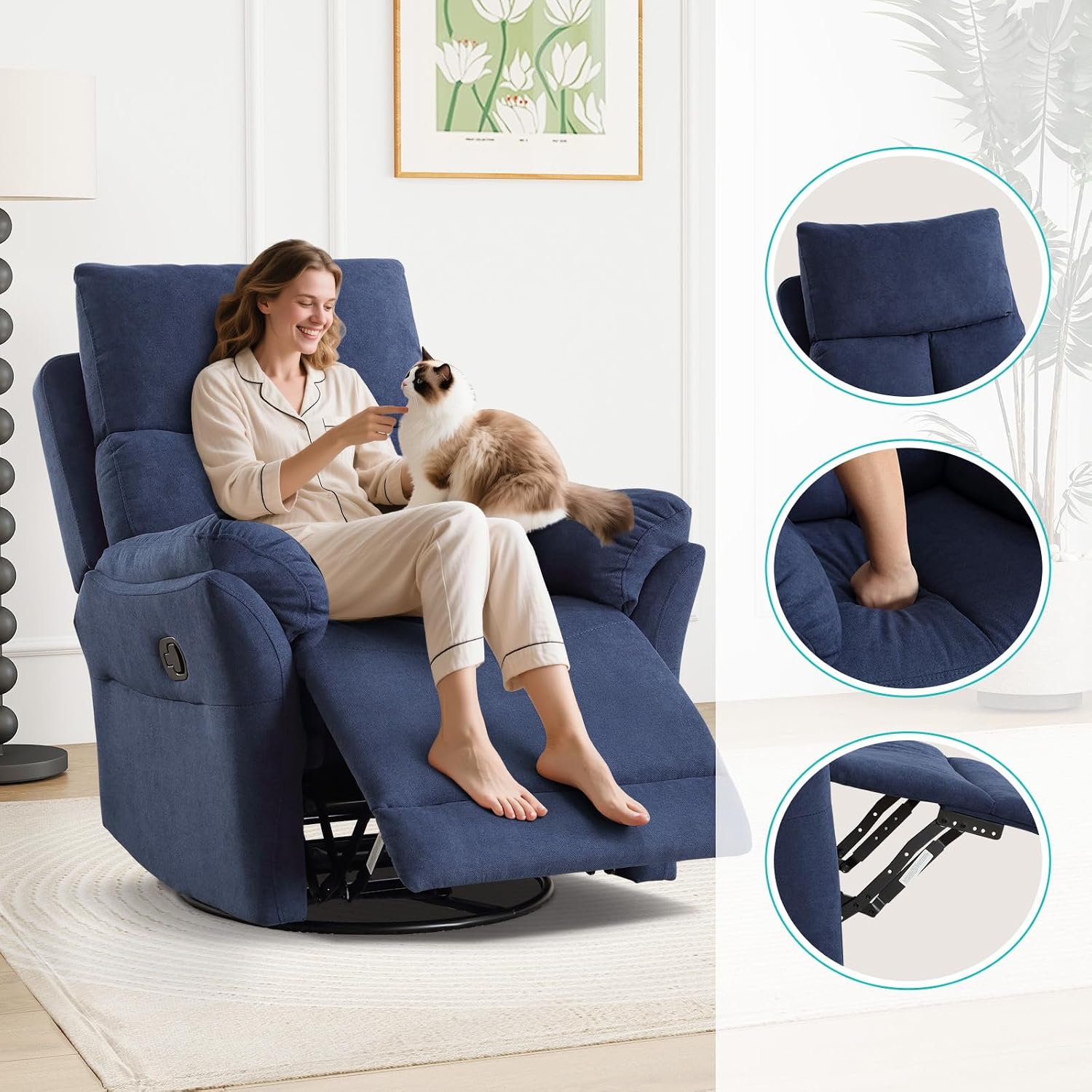 ANJ Manual Fabric Recliner Chair Set of 2, Swivel Rocker Glider, Blue