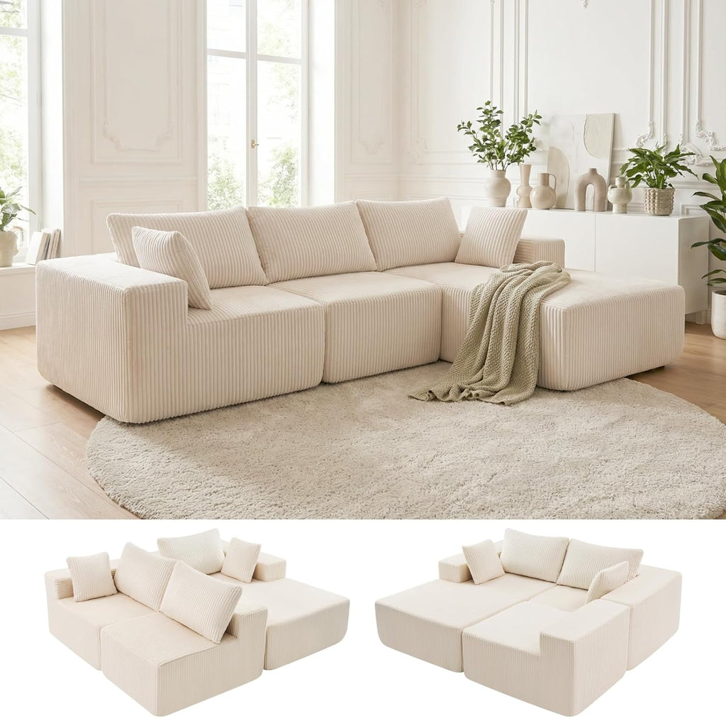 DUMOS 108' Boneless Couch, Cloud Sectional Couch with L-Shape Chaise, Modular Sectional Sofa with Deep Seat, Fluffy Couch for Living Room Bedroom, No Assembly Required, Beige, Right Facing Chaise