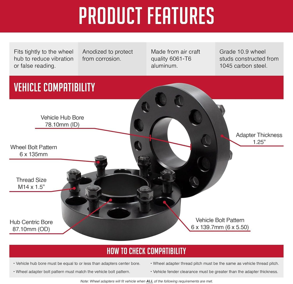 Wheel Accessories Parts 4 Pcs Hub Centric Wheel Spacers 6x5.5 6x139.7mm 1.25 Inch Thick 78.1mm Hub M14x1.5 14x1.5 Thread Stud Fits Adapts Ford F150 Wheels to Chevy GMC 1500 Vehicles