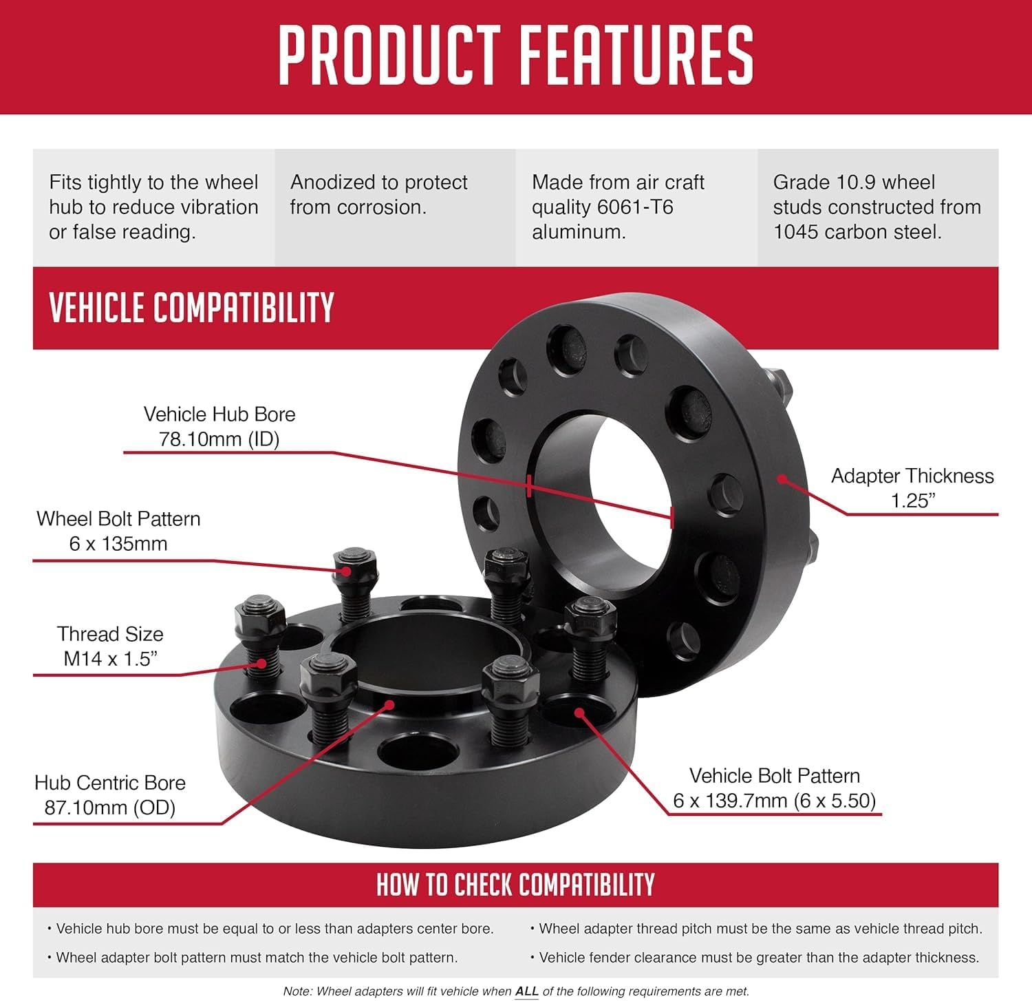 Wheel Accessories Parts 4 Pcs Hub Centric Wheel Spacers 6x5.5 6x139.7mm 1.25 Inch Thick 78.1mm Hub M14x1.5 14x1.5 Thread Stud Fits Adapts Ford F150 Wheels to Chevy GMC 1500 Vehicles
