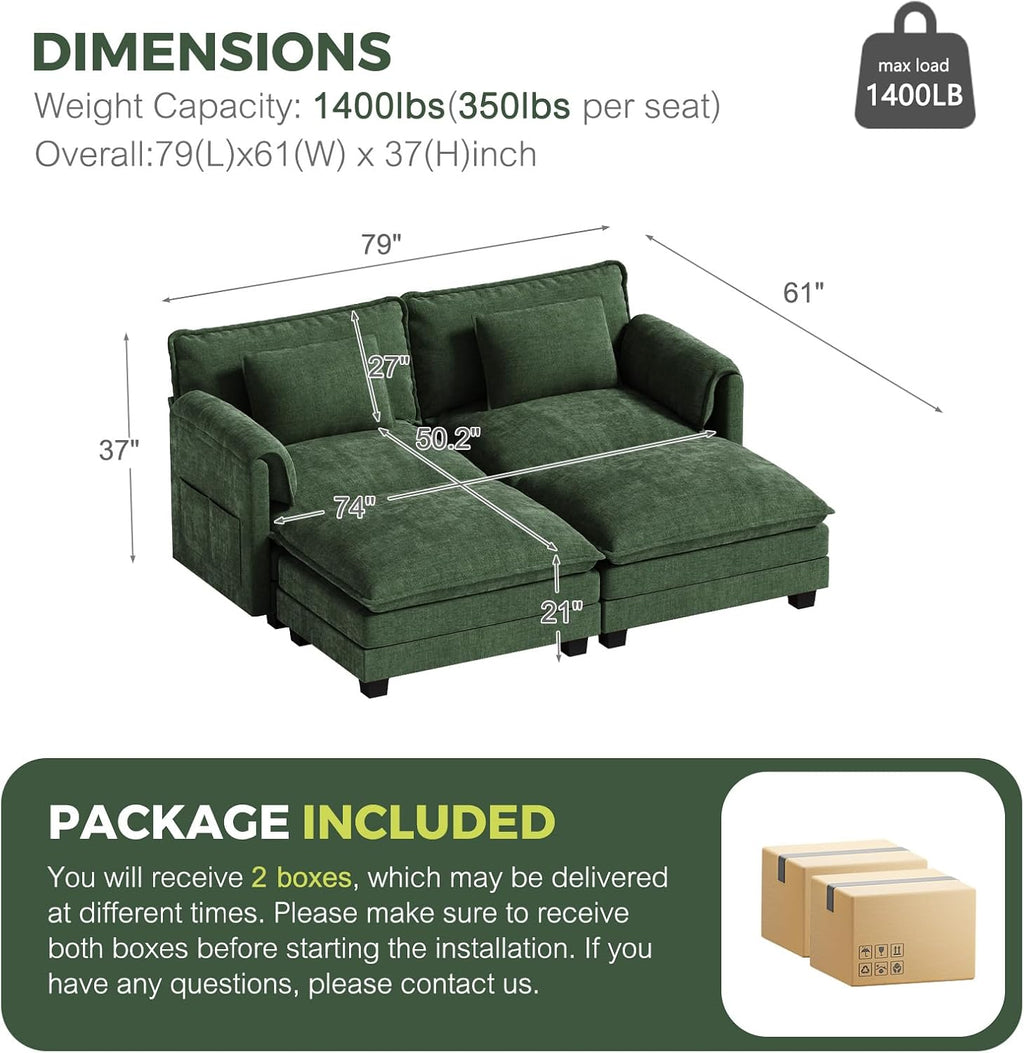 ELUCHANG Oversized 79' Modular Sectional Sofa Bed, Comfy Cloud Couch for Living Room, Modern Sofa with 2 Ottoman, Apartment Couch, DIY Combination - Chenille Green