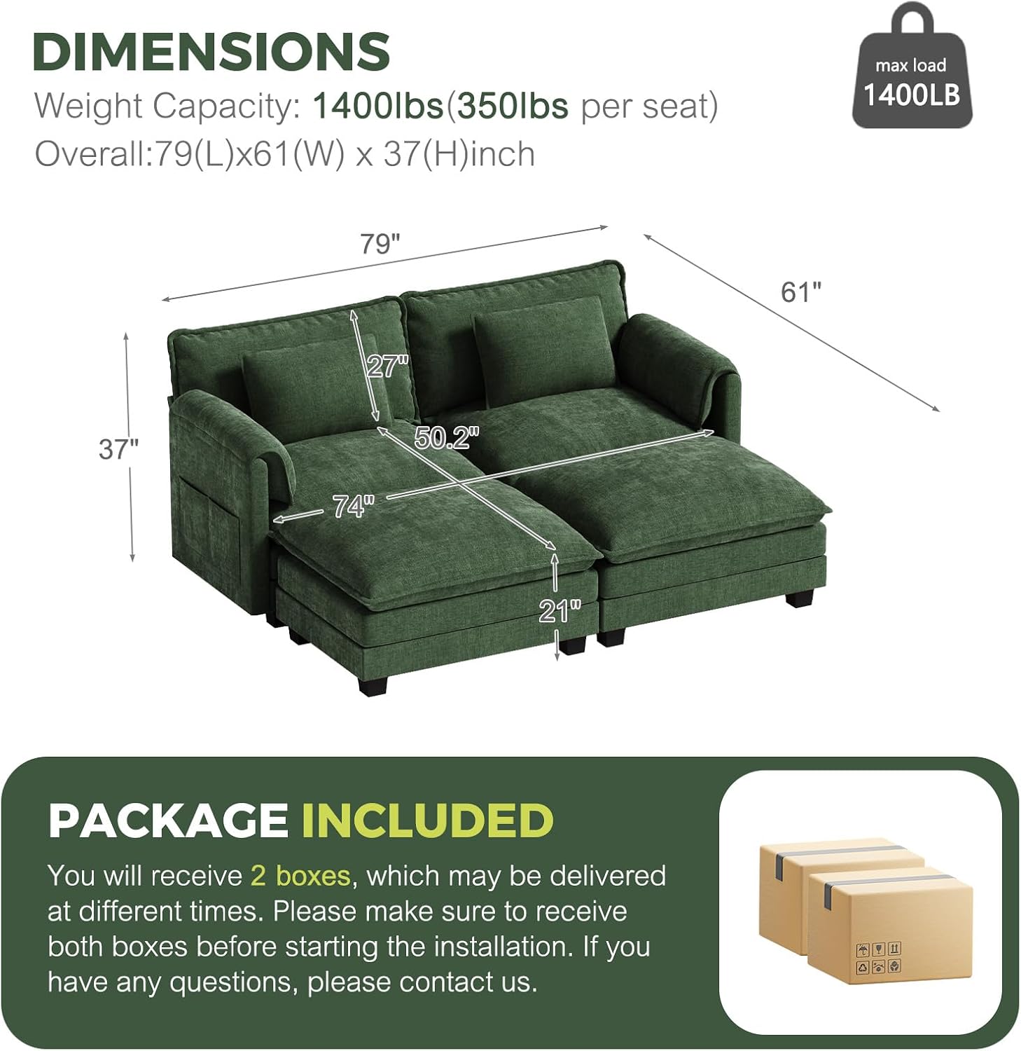 ELUCHANG Oversized 79' Modular Sectional Sofa Bed, Comfy Cloud Couch for Living Room, Modern Sofa with 2 Ottoman, Apartment Couch, DIY Combination - Chenille Green