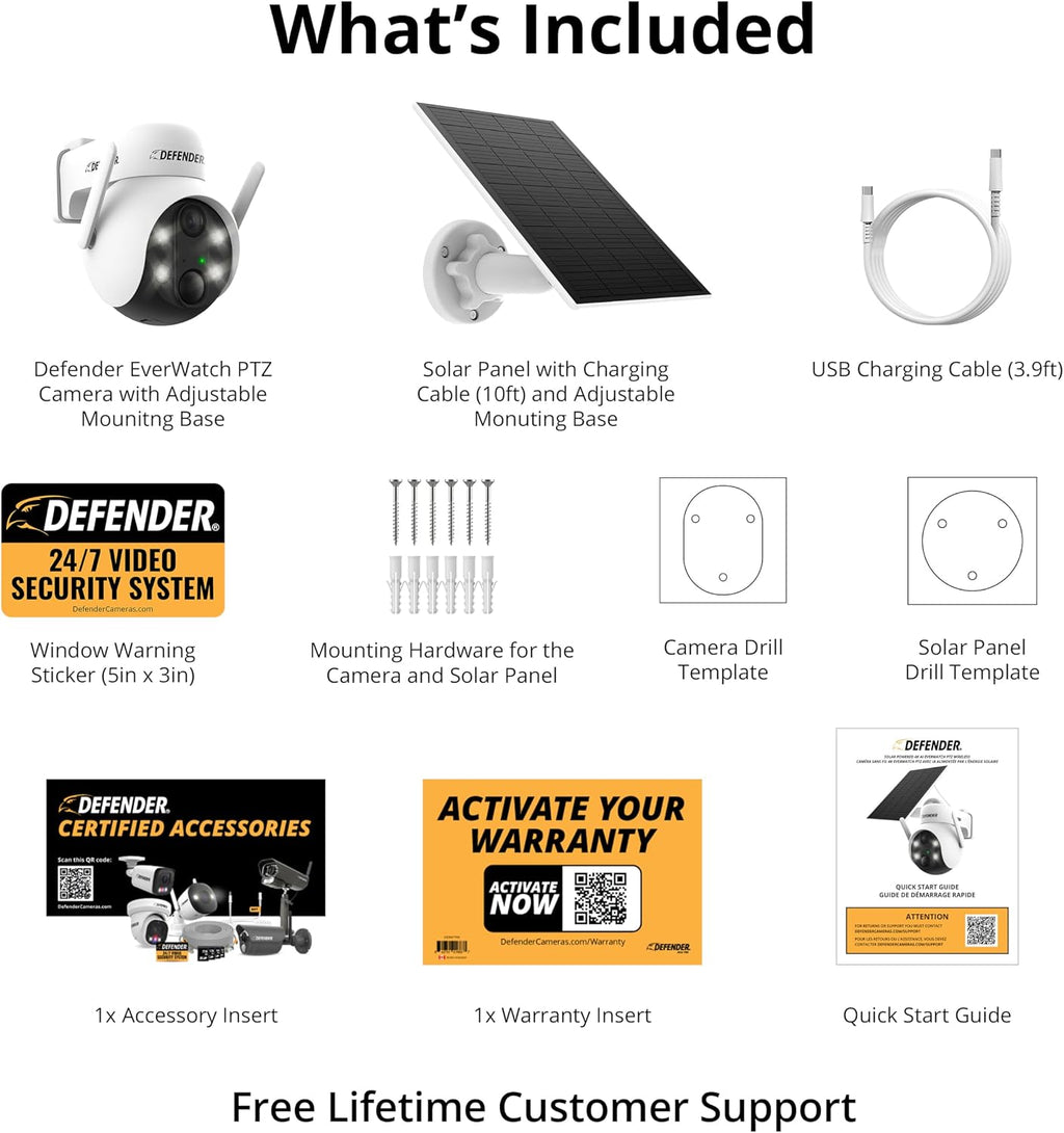 Defender Solar Powered 4K/8MP AI Everwatch PTZ Wireless Outdoor Security Camera, 4 Pack, Battery Powered, AI Tracking, Color Night Vision, Spotlight/Siren, IP65 Rated, Two-Way Talk, No Monthly Fees