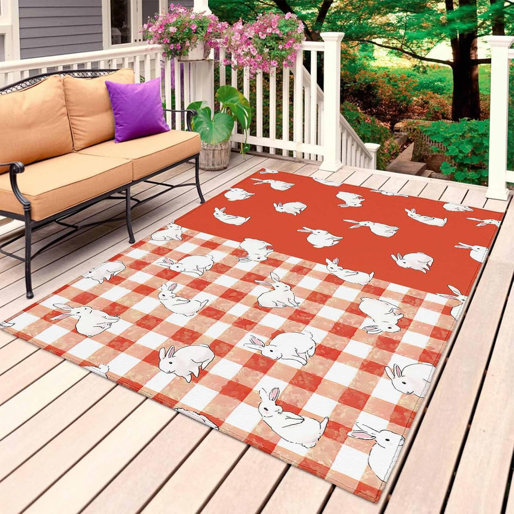 Japanese Rabbits Outdoor Rug for Patio/Deck/Porch, Non-Slip Large Area Rug 4 x 6 Ft, Vintage Orange Red Plaid Farmhouse Indoor Outdoor Rugs Washable Area Rugs, Reversible Camping Rug Carpet Runner