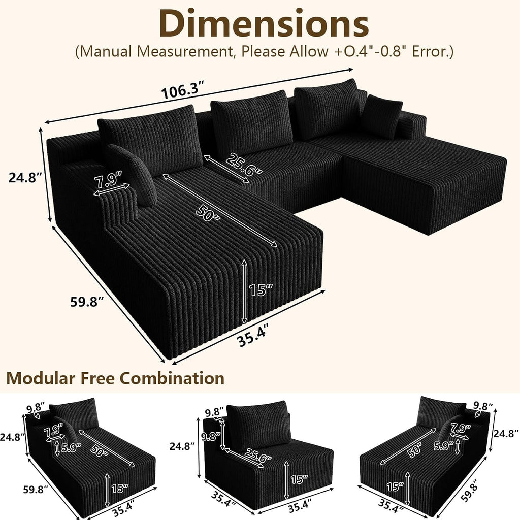 107' Modular Sectional Sofa, Modern Corduroy Cloud Couch with Deep Seat, Boneless Couch Upholstered 3-Seater U-Shaped Sofa for Living Room, No Assembly Required (Black)