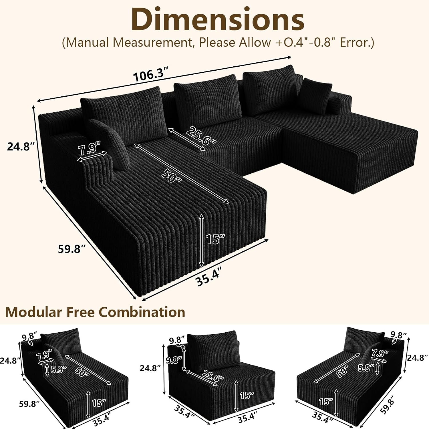 107' Modular Sectional Sofa, Modern Corduroy Cloud Couch with Deep Seat, Boneless Couch Upholstered 3-Seater U-Shaped Sofa for Living Room, No Assembly Required (Black)
