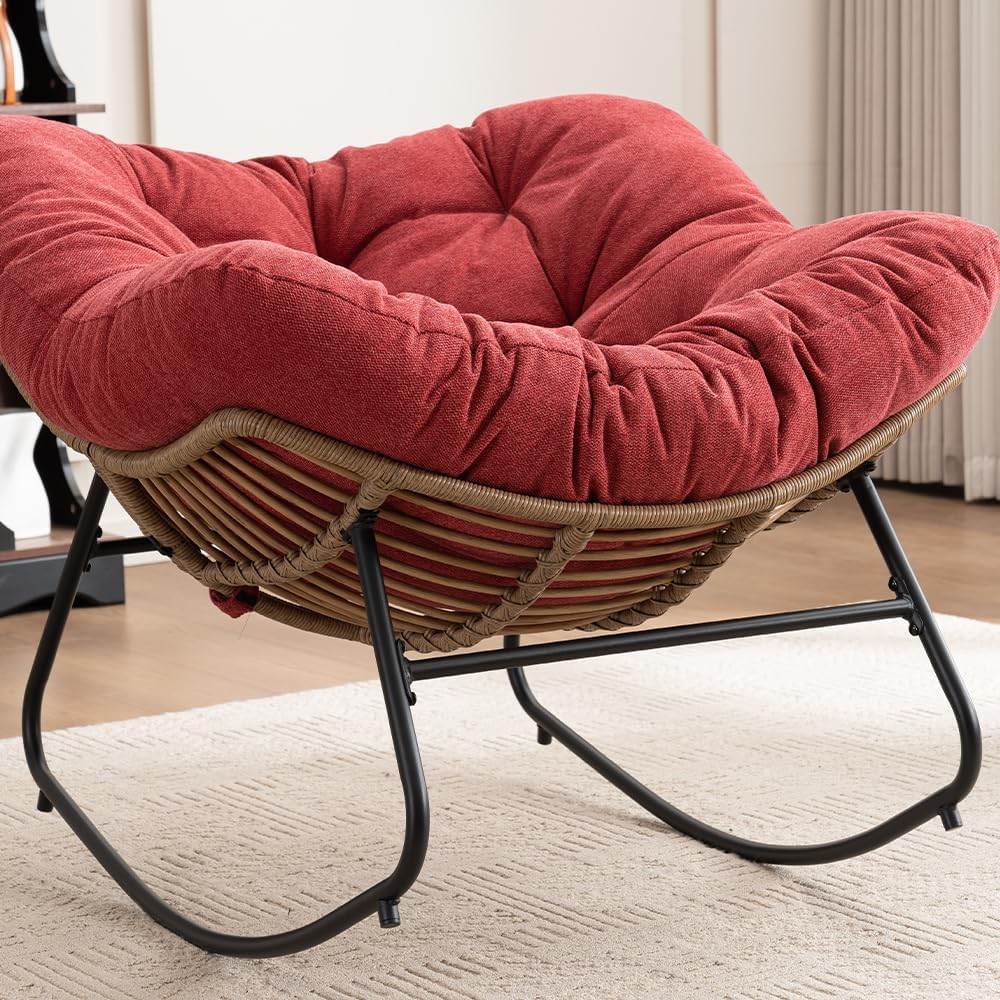 Outdoor Papasan Chair, Oversized Rocking Chair with Cushion and Metal Frame, Patio Lounge Rocking Chair for Balcony Backyard Porch Bedroom Living Room (Red)
