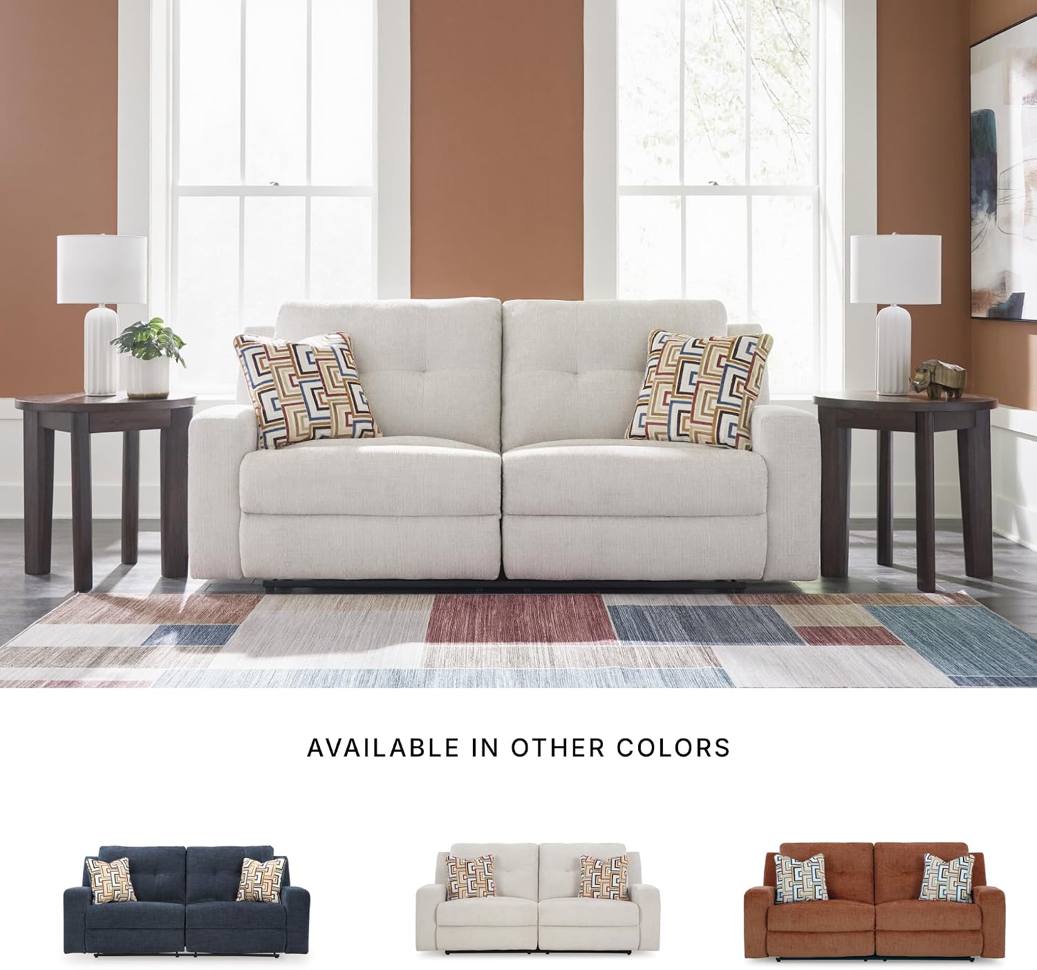 Signature Design by Ashley Danum Modern Tufted Manual Reclining Sofa with 2 Accent Pillows, Beige