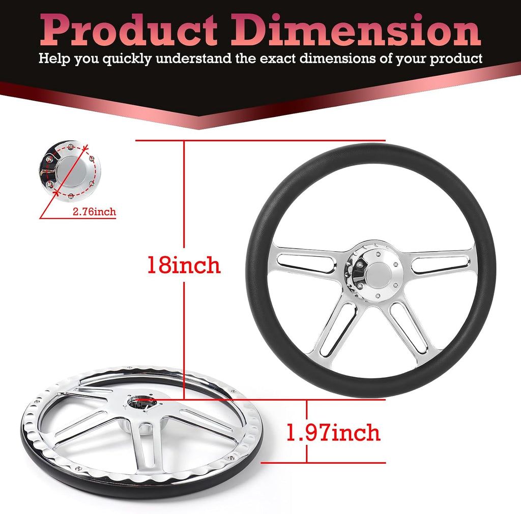 18' Truck Steering Wheel 5-Bolt 4-Spoke Design Chrome-Plated Aluminum Alloy,Deep Dish 50mm,Fit for Kenworth for Peterbilt for Freightliner for Volvo Trucks Steering Wheel (Black Leather Grip)