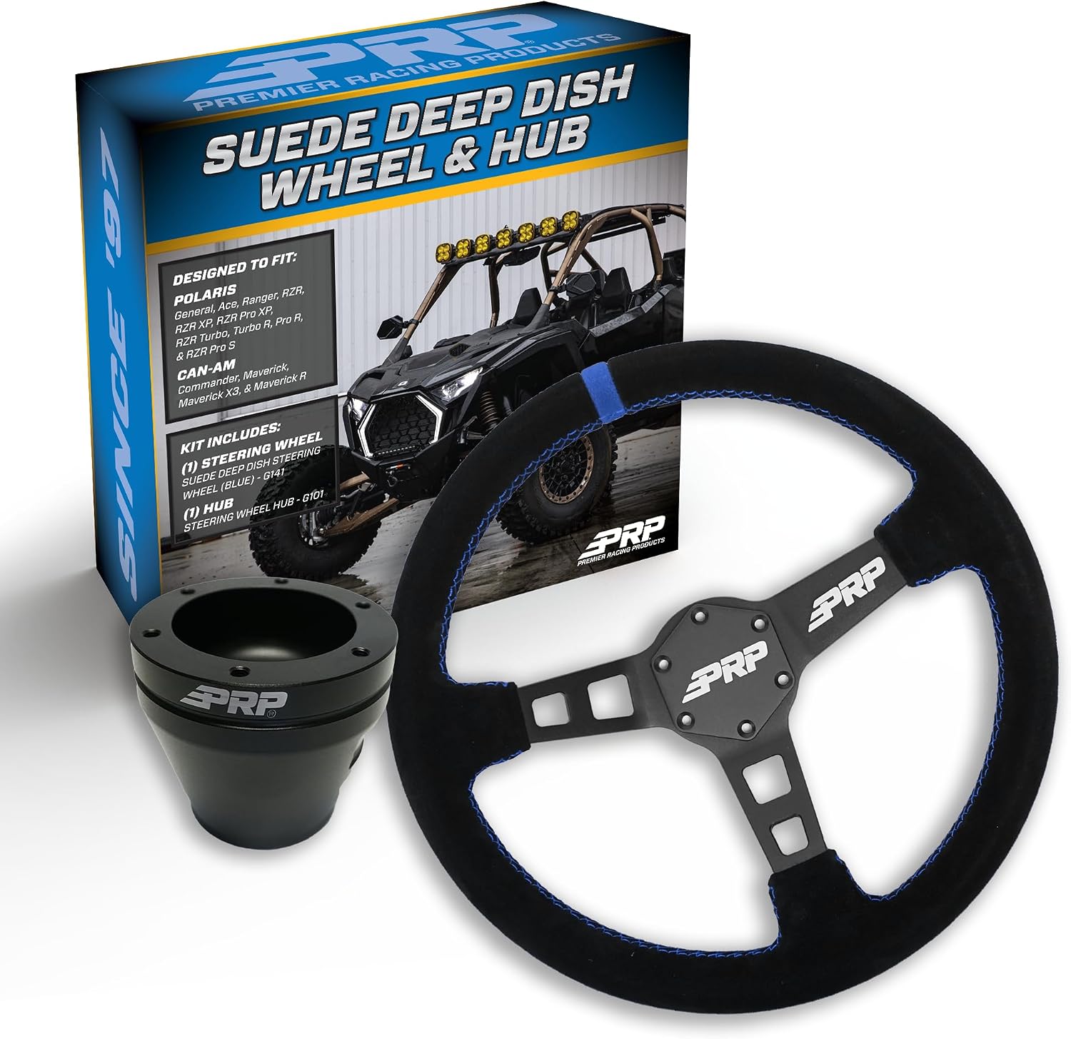 PRP Deep Dish Suede Steering Wheel Kit, Blue with UTV Hub for Polaris RZR, Can-Am X3, Arctic Cat Wildcat, EZ-GO, GEM & John Deere Gator - High-Strength Aluminum, 13' x 3' Dish, 1-3/8' Grip