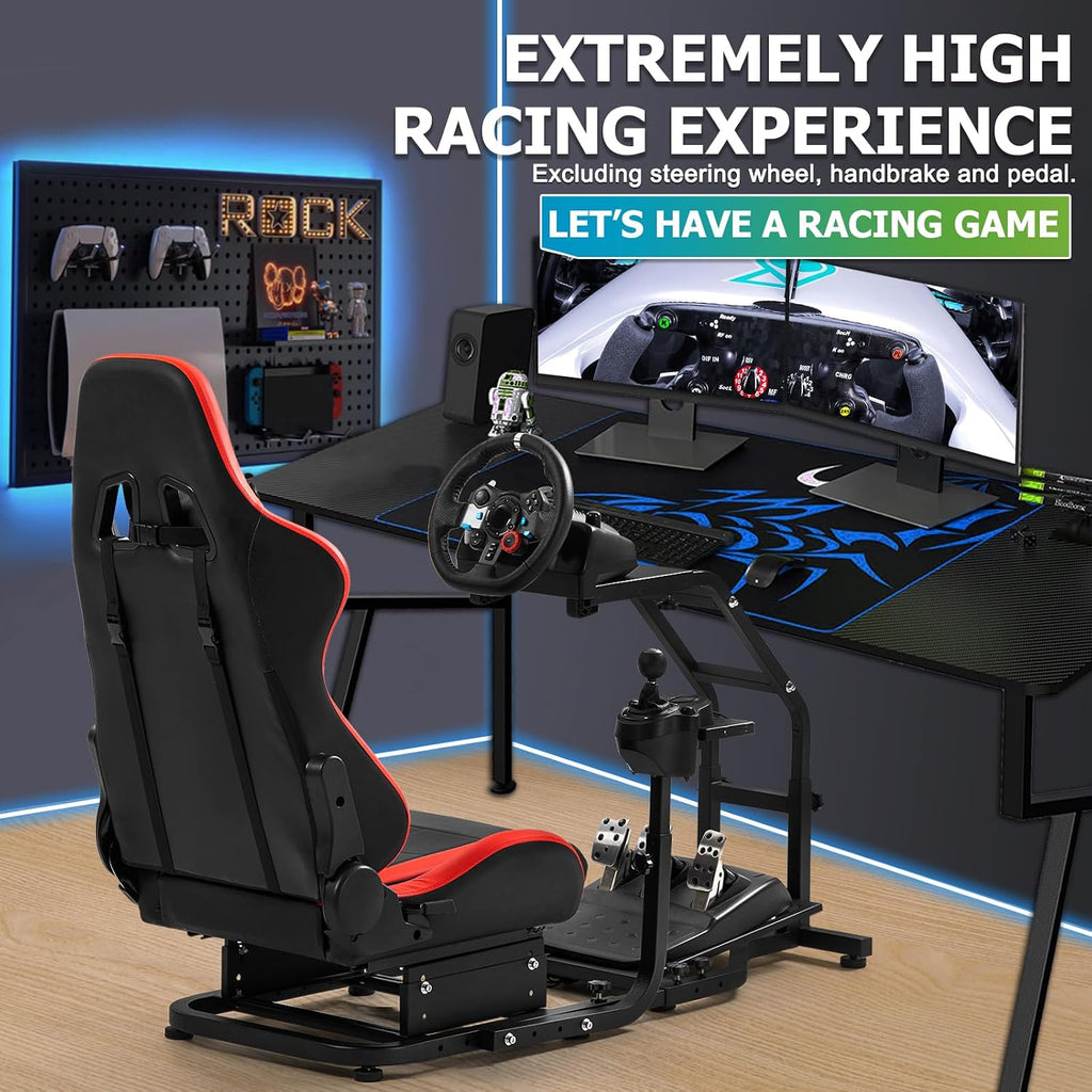 Steering Wheel Stand Racing Cockpit with Red Seat Unobstructed Design for Both Legs Fit for Logitech G29 G920 G923 G25, for Thrustmaster T300RS T80 T150 Adjustable No Steering Wheel, Handbrake, Pedals