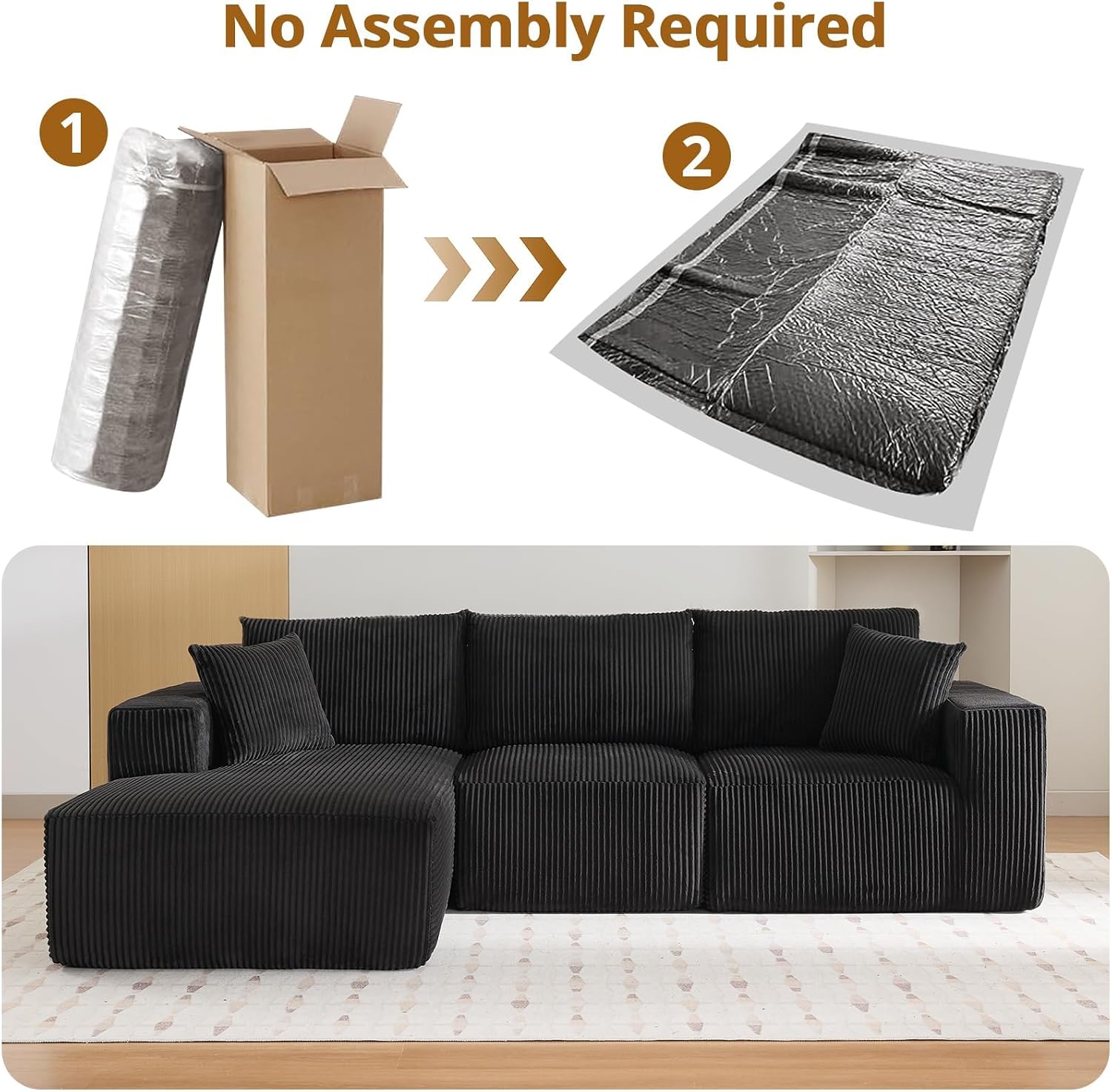 Garvee Boneless Cloud Couch 108' Sectional Modern Comfy l-Shape Convertible Compression Sleeper Modular Sofa with Corduroy Fabric Deep Seat Loveseat + Chaise for Living Room No Assembly Required