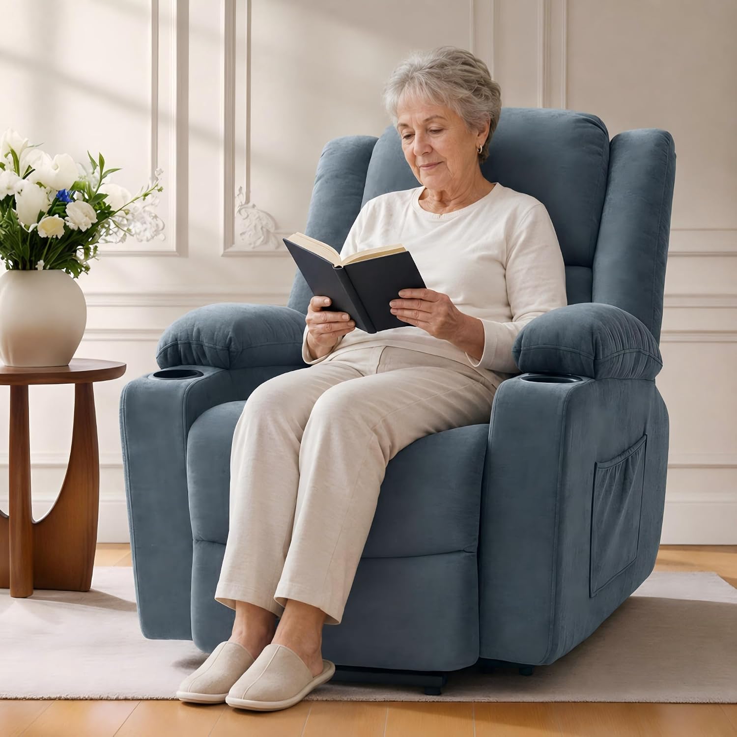 FLEXISPOT XL31 Power Lift Recliner Chair for Elderly, Electric Lift Chair with Massage & Heat, Fabric Reclining Sofa w/USB & Type-C Charging for Living Room Bedroom(Medium Size, Denim Blue)