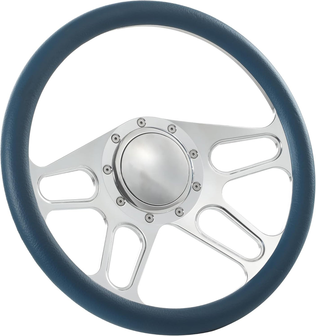 14'' Billet 4-Slot Half Wrap 9 Bolts Steering Wheel with 2'' Dish and Horn Button Compatible with Chevy, Ford, GM (Blue)