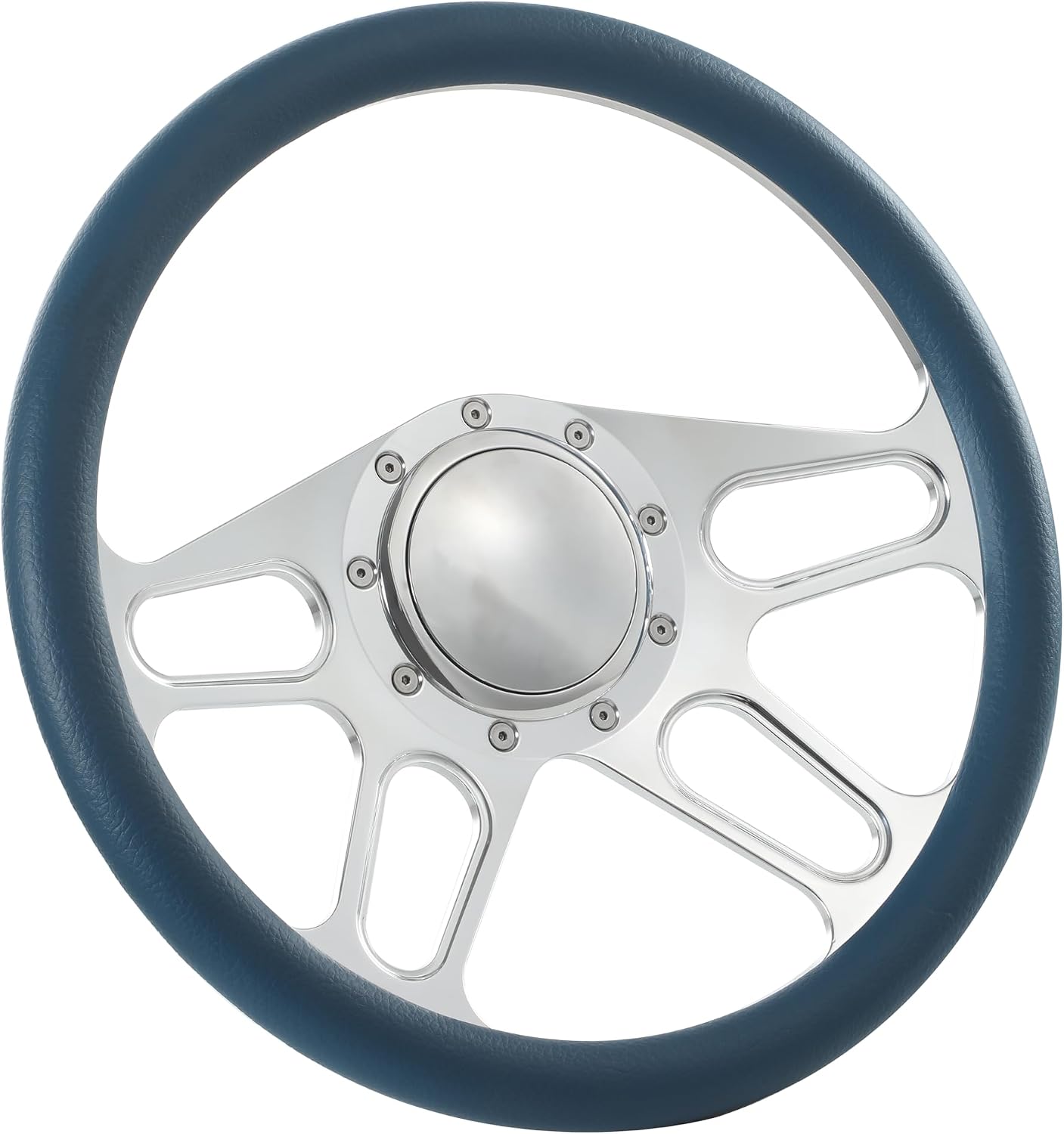14'' Billet 4-Slot Half Wrap 9 Bolts Steering Wheel with 2'' Dish and Horn Button Compatible with Chevy, Ford, GM (Blue)