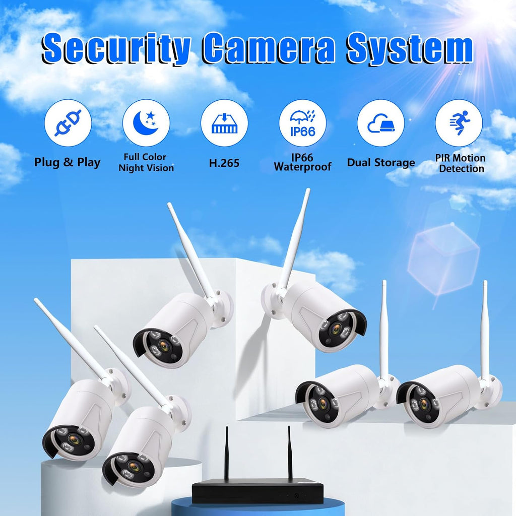 3MP Wireless Security Camera System – 6 Wi-Fi Bullet Cams + 10CH NVR, 15m IR Night Vision, IP66 Weatherproof, H.265, Plug-and-Play Indoor/Outdoor Surveillance, Mobile Alerts, Dual Storage