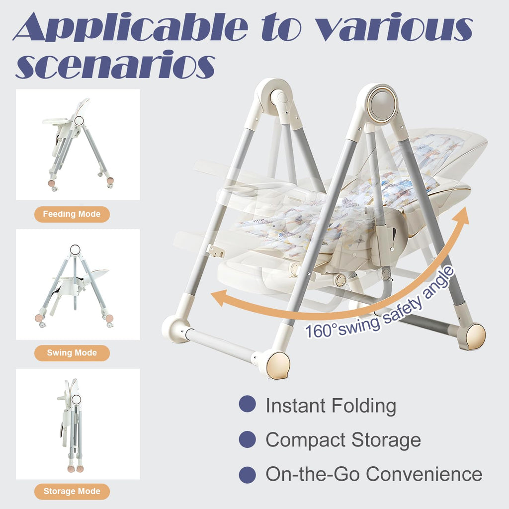 5 in 1 Baby High Chair Swing Combo - Foldable Baby High Chair with Removable Washable Soft Cushion and Tray, Adjustable Height & Recline, Lockable Wheels for 6-36 Months Infants Boys Girls