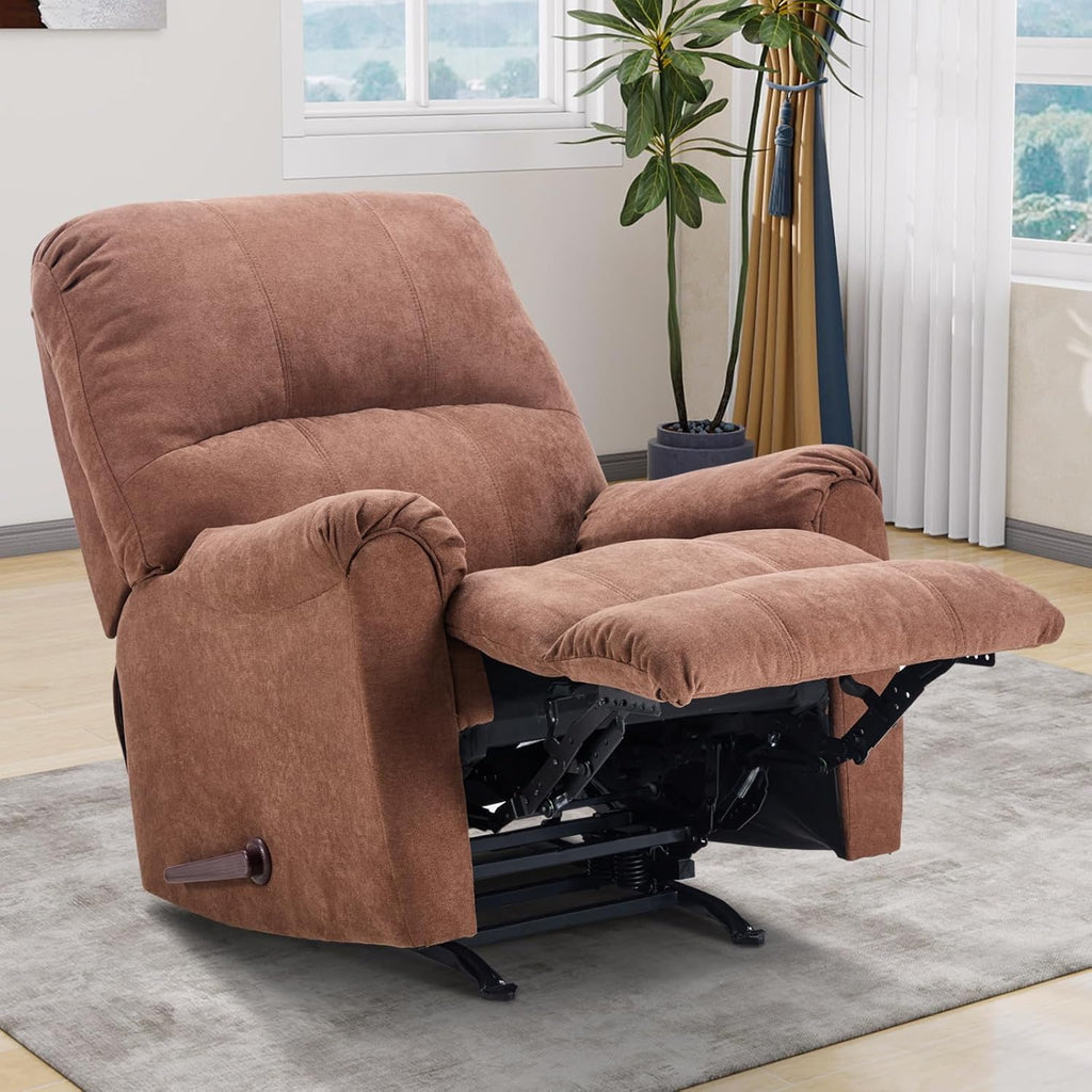 CANMOV Rocker Recliner Chair for Adults,Manual Recliner Chair with Overstuffed Backrest and Armrests, Soft Fabric Manual Rocking Reclining Sofa for Living Room, Brown