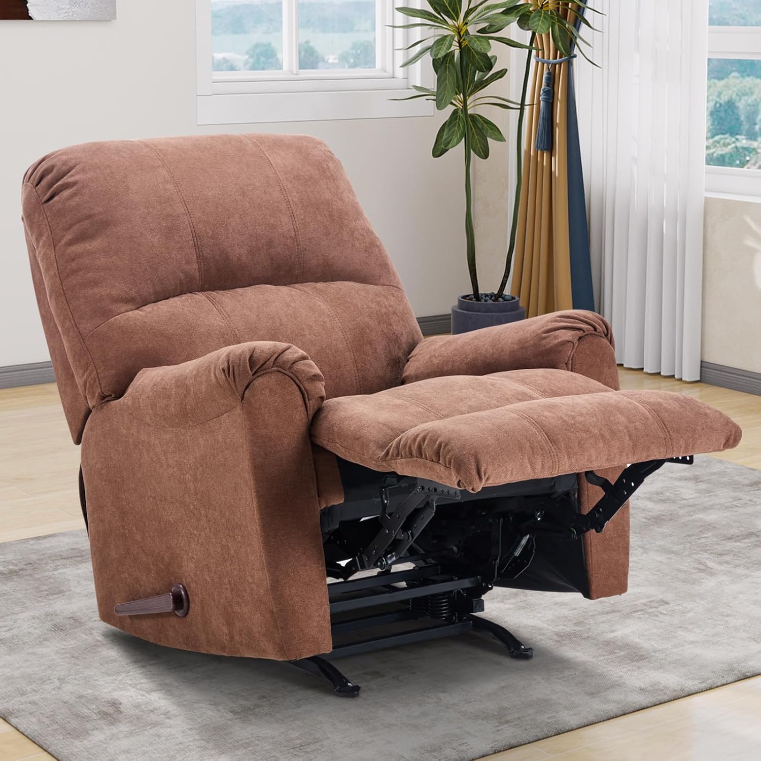 CANMOV Rocker Recliner Chair for Adults,Manual Recliner Chair with Overstuffed Backrest and Armrests, Soft Fabric Manual Rocking Reclining Sofa for Living Room, Brown