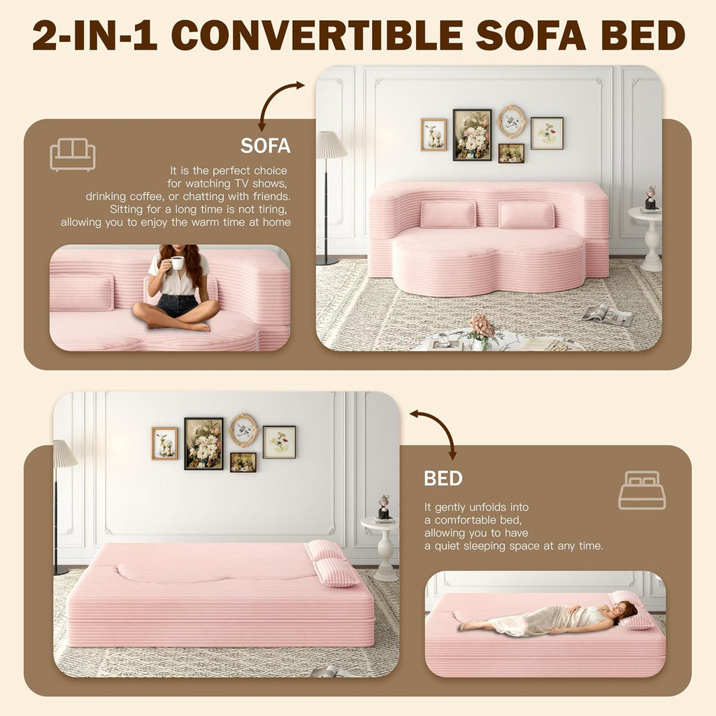 78' Twin Size Convertible Folding Sleeper Sofa Bed, Corduroy Futon Sofa Bed with Pillow, Foam Mattress Loveseat Cloud Couch, No Assembly Floor Couches for Living Room, Playroom, Apartment Baby Pink