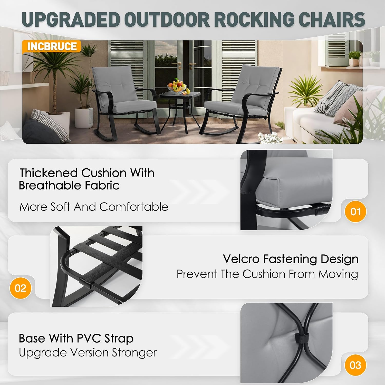 Incbruce 3 Piece Patio Bistro Set Outdoor Rocking Chairs Set, Porch Patio Conversation Chairs Set of 2 with Glass-Top Coffee Table (Grey Thickened Cushion)