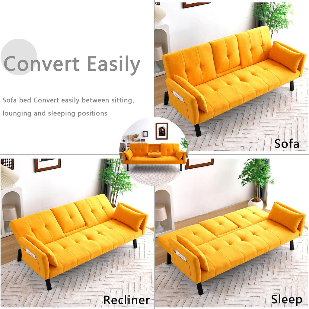 70' Futon Sofa with Cupholders,Adjustable Backrest Cotton Linen with Cup Holders and 2 Throw Pillows Sleeper Sofa for Living Room Apartment Small Space (Pumpkin Yellow)