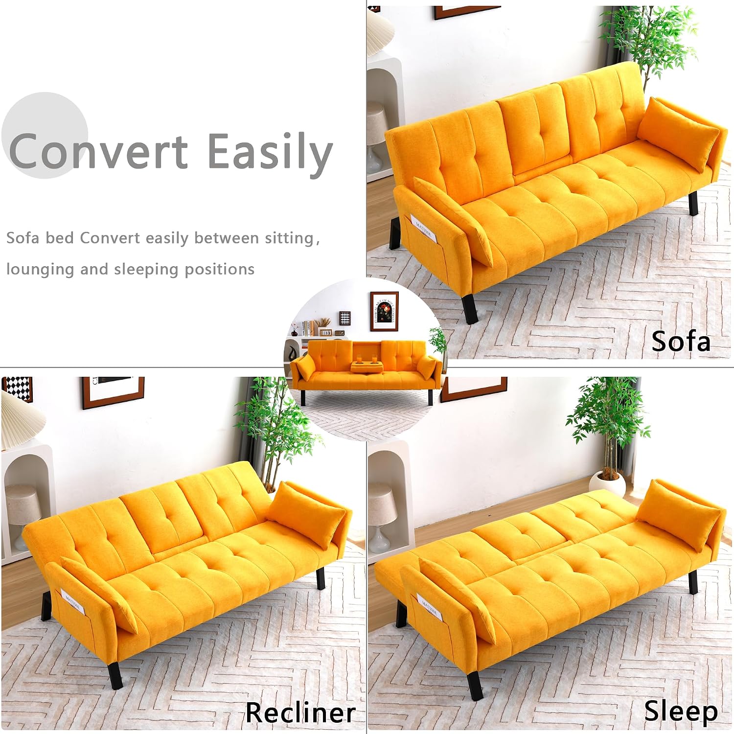 70' Futon Sofa with Cupholders,Adjustable Backrest Cotton Linen with Cup Holders and 2 Throw Pillows Sleeper Sofa for Living Room Apartment Small Space (Pumpkin Yellow)