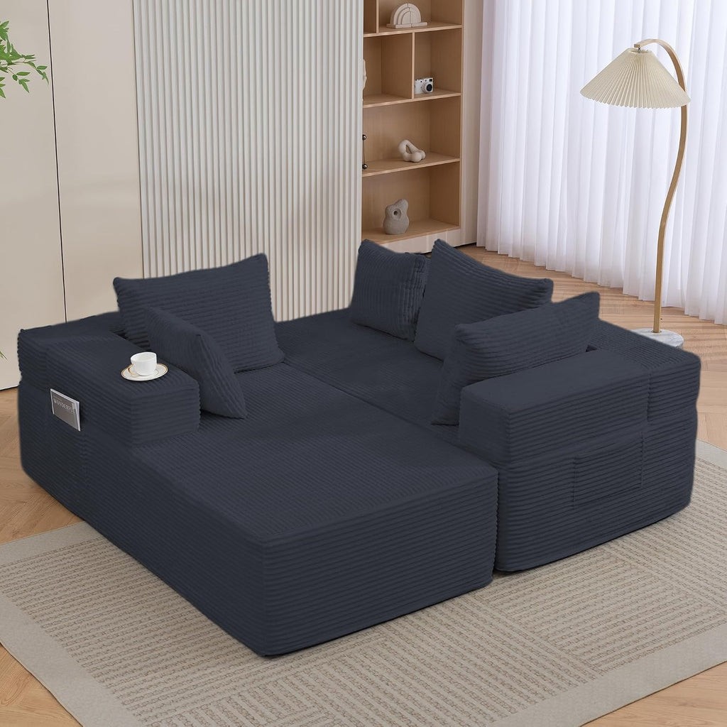 105'' Modular L-Shaped Boneless Sectional, Corduroy Deep Seat Cloud Sectional Couch, Small Space Sofa for Apartment Living Room Bedroom, No Assembly, Black