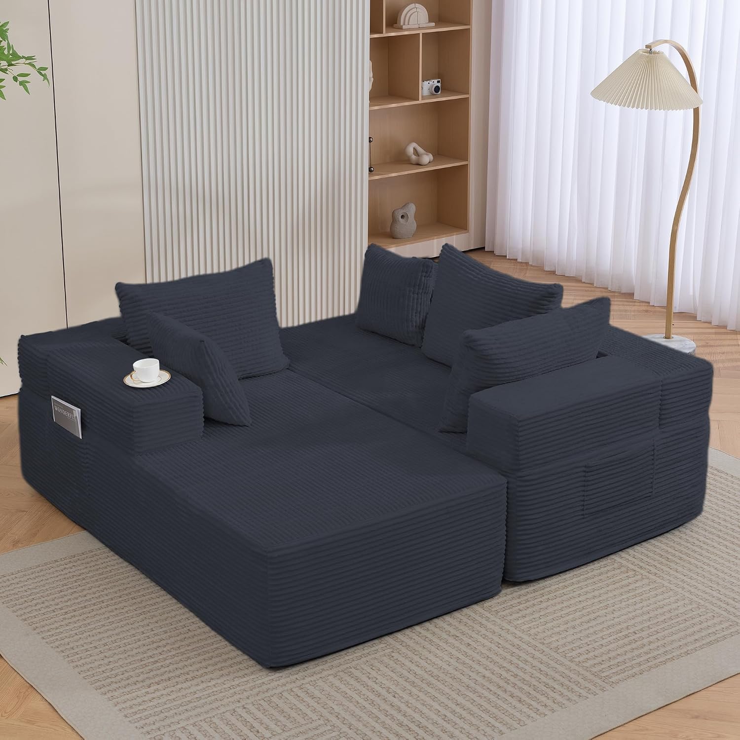 105'' Modular L-Shaped Boneless Sectional, Corduroy Deep Seat Cloud Sectional Couch, Small Space Sofa for Apartment Living Room Bedroom, No Assembly, Black