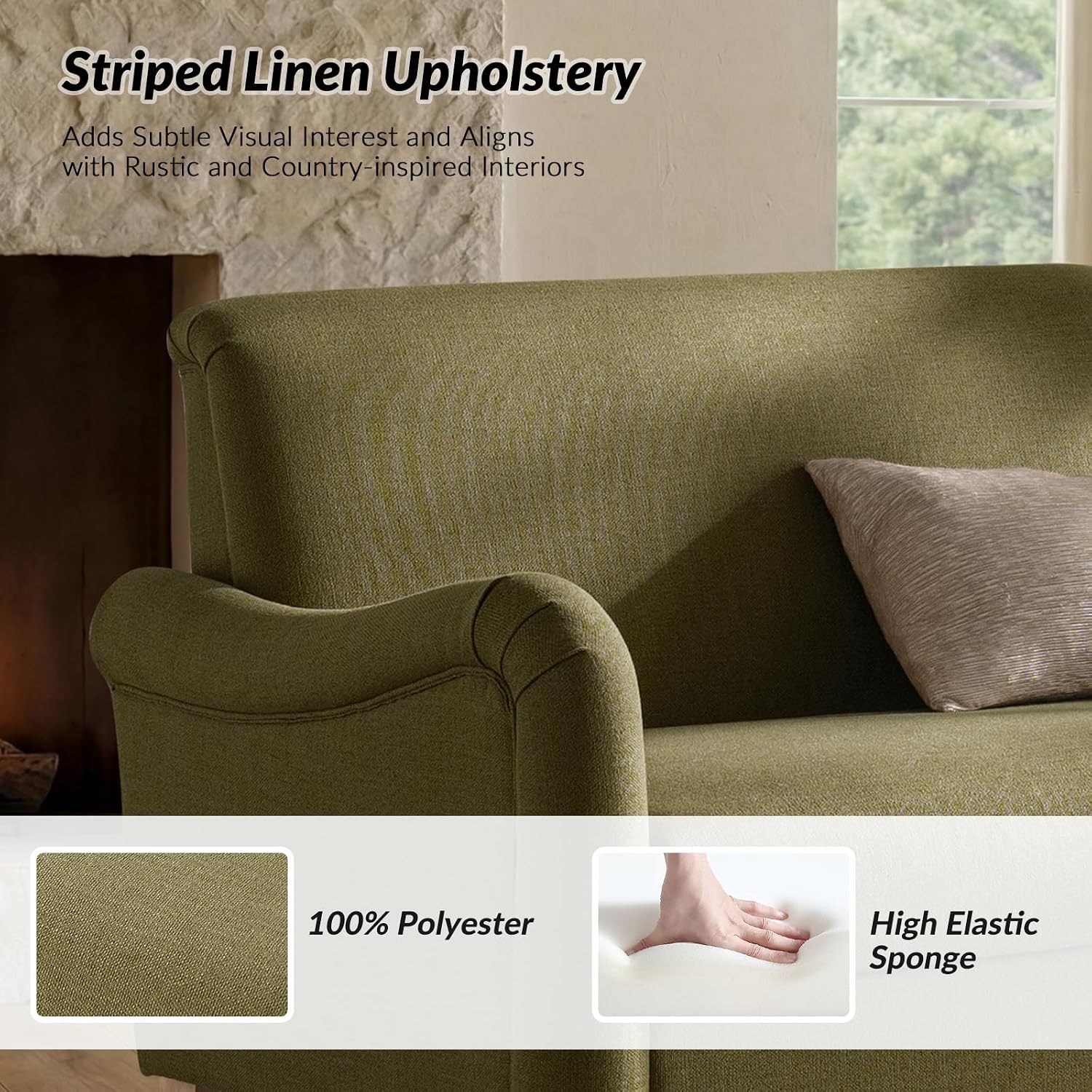 HULALA HOME 50.5' Loveseat Sofa with Stripe Pattern, 2 Seater Farmhouse Sofa with Rolled Wide Armrests and Rubber Wood Legs, Comfy Upholstered Small Couch for Living Room Bedroom, Moss