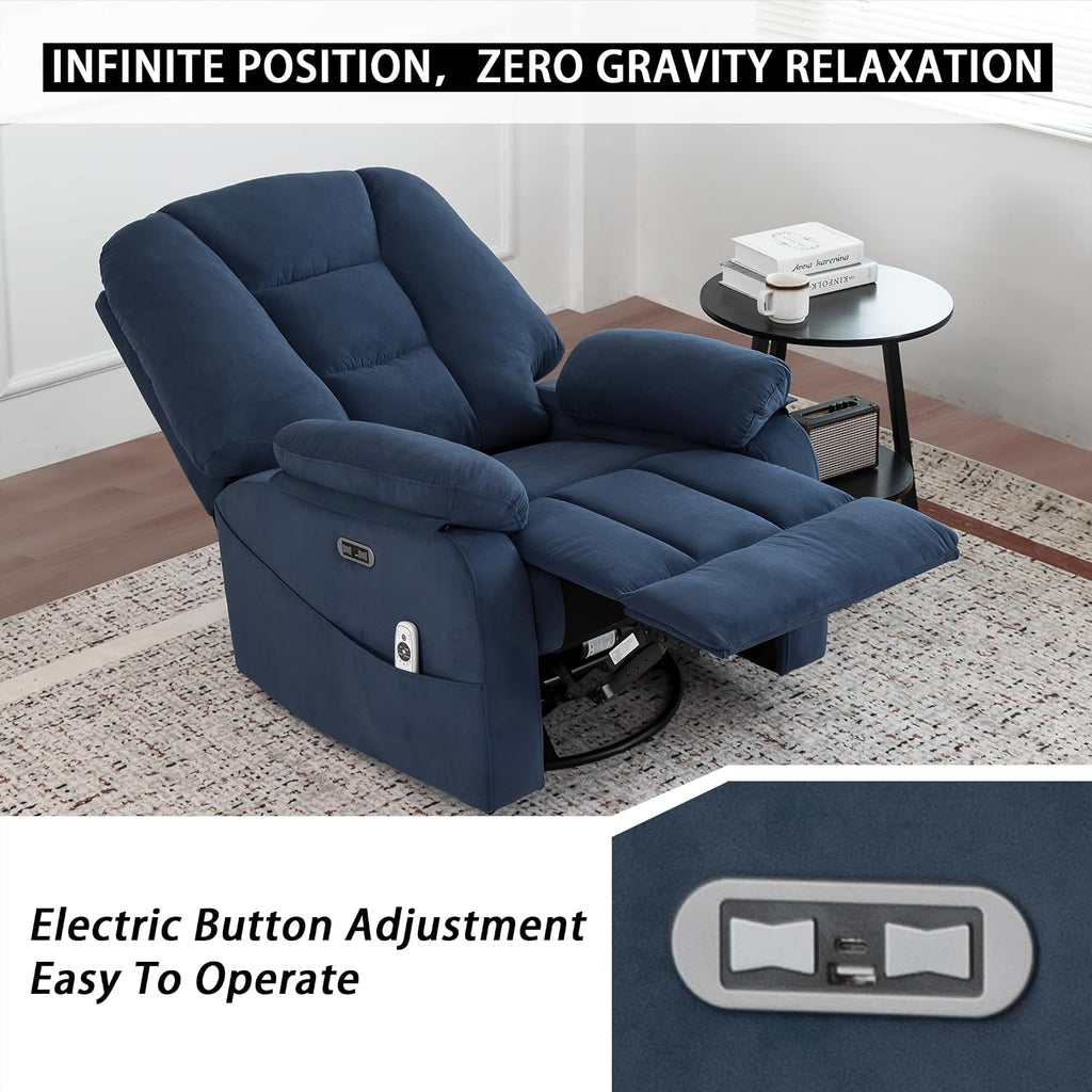 Ketaiyou Power Swivel Rocker Recliner with Massage and Heat, USB and Type-C Port, Infinite Position, Electric Glider Rocking Chairs Living Room, Soft Fabric Reclining Sofa Chair (Velvet Blue)