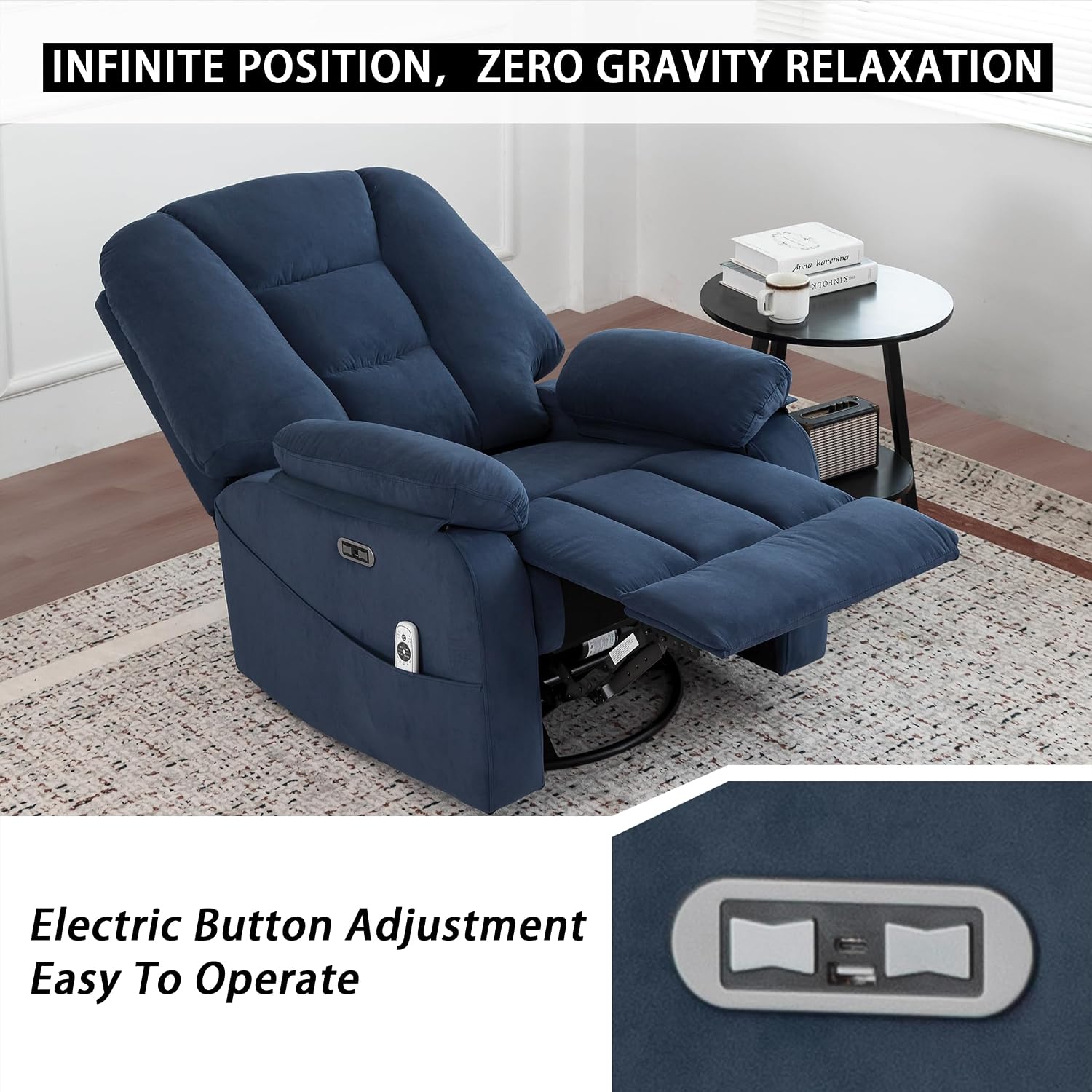 Ketaiyou Power Swivel Rocker Recliner with Massage and Heat, USB and Type-C Port, Infinite Position, Electric Glider Rocking Chairs Living Room, Soft Fabric Reclining Sofa Chair (Velvet Blue)