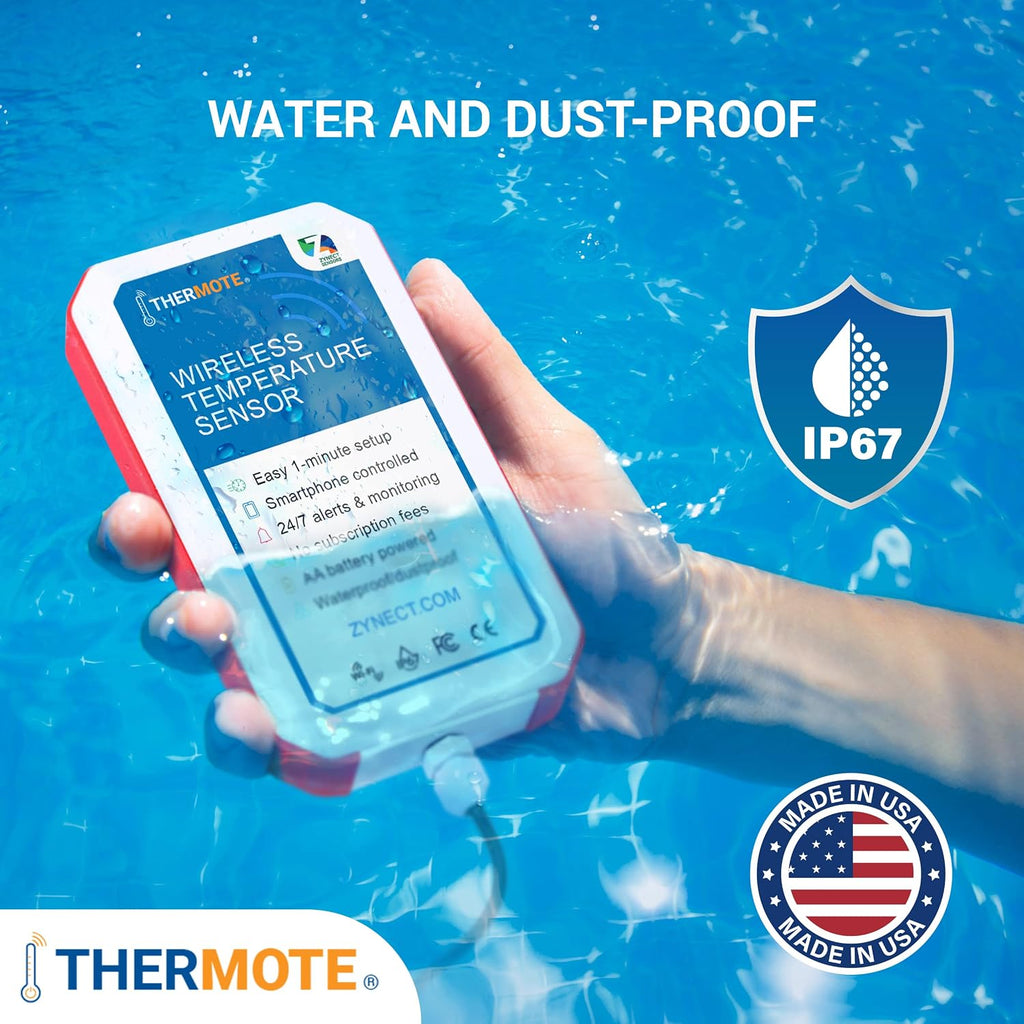 Thermote Wireless Remote Temperature Sensor. WiFi Thermometer Temperature Monitor. 24/7 Text/email alerts. Monitoring and History. Water/Dust Proof. No Subscription/Monthly Fees. Made in USA.