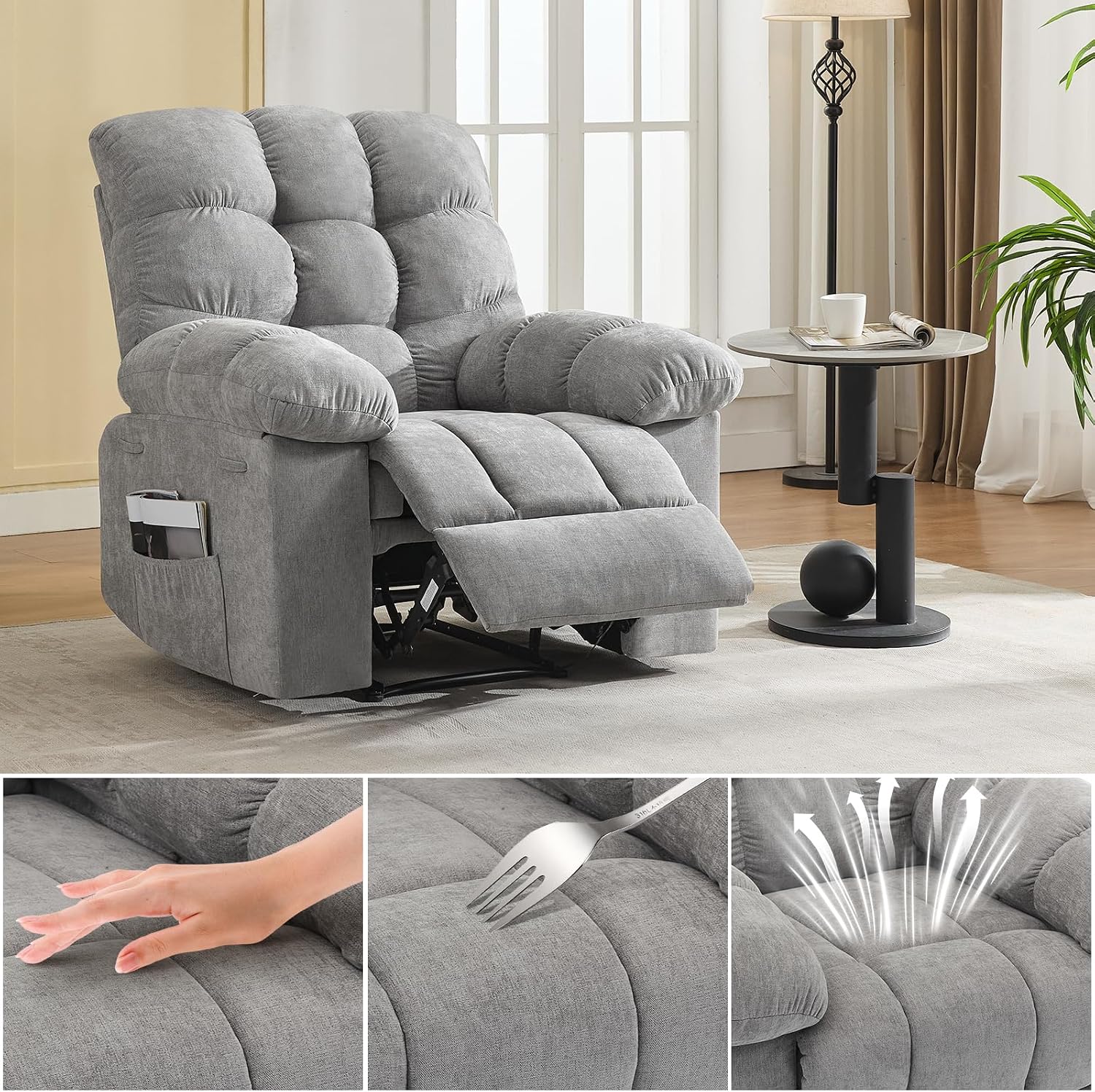 21.4in Wide Rocking Recliner Chair,Massage & Heat Function, Ergonomic Breathable Fabric with 2 Side Pockets & Remote for Living Room/Bedroom
