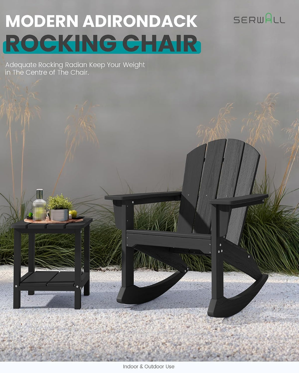 SERWALL Outdoor Adirondack Rocking Chairs Set of 6, All-Weather HDPE Adirondack Rocker Chair, Front Porch Rocker Chairs for Patio Lawn Porch Deck, Black