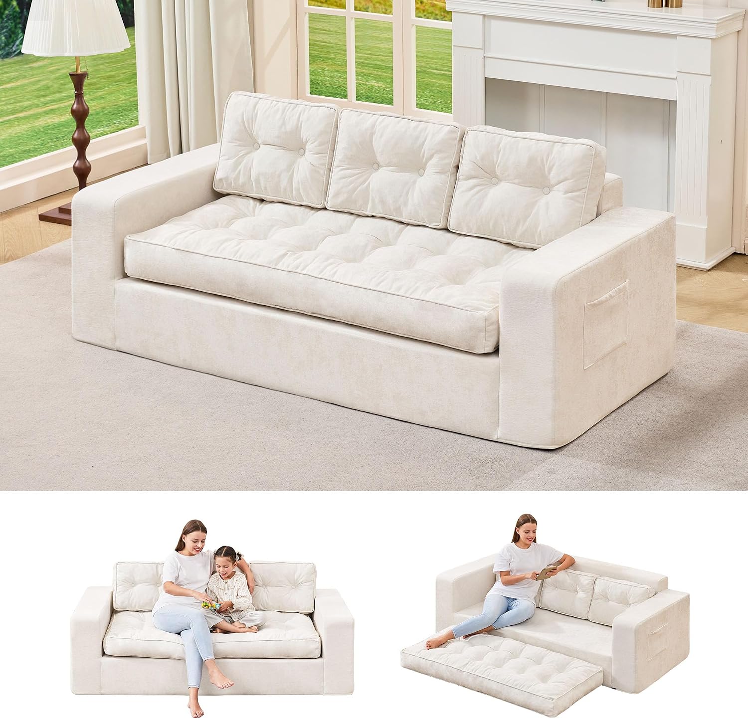Hobestluk 3-Seater Sofa Boneless Couch with Tufted Button Design 2 in 1 Comfy Cloud Couch Oversized Sofa for Living Room Bedroom Apartment or Office (Beige, 3 Seater)