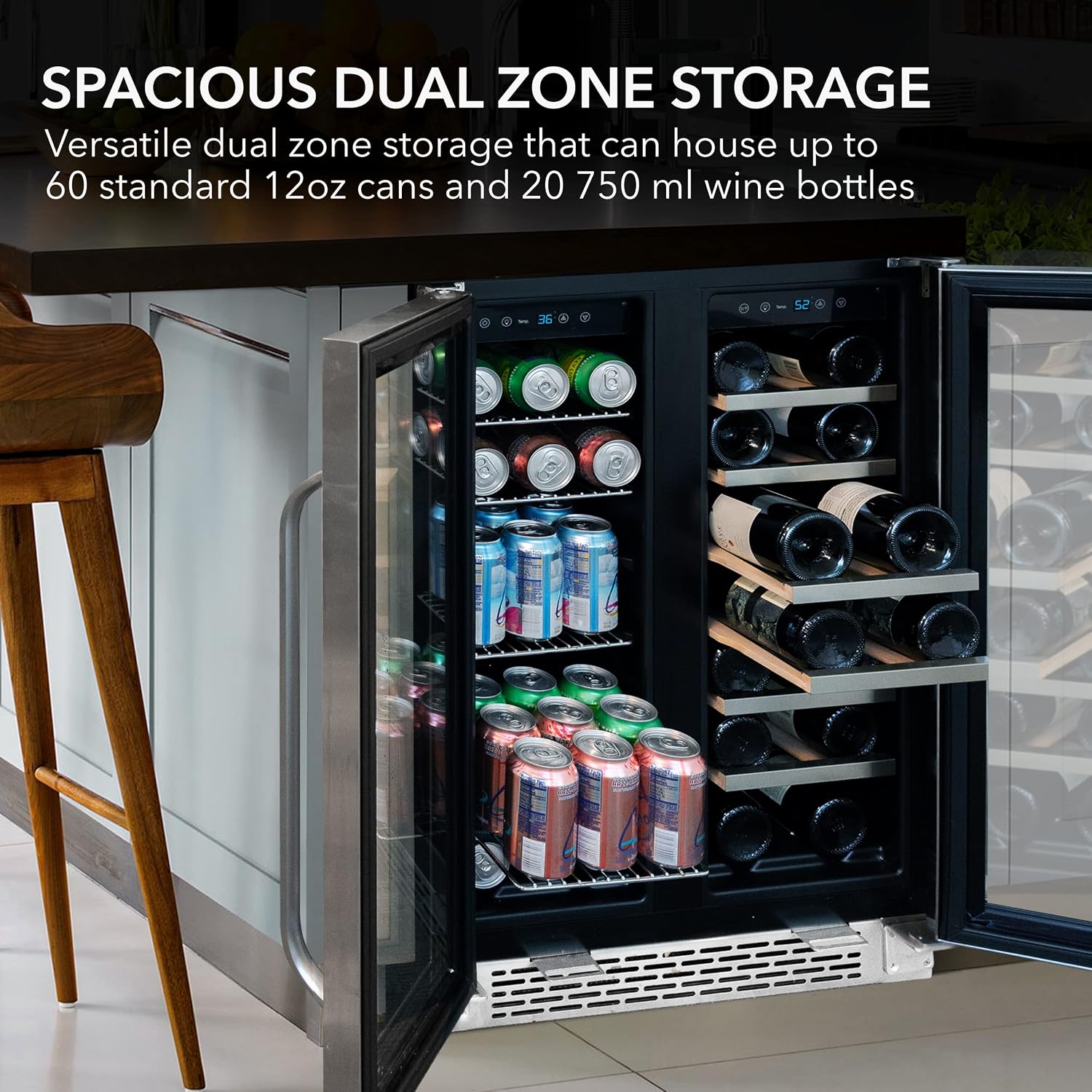 Whynter BWB-2060FDSa 24″ Built-in French Door Dual Zone 20 Bottle Wine Refrigerator 60 Can Beverage Center, Stainless Steel