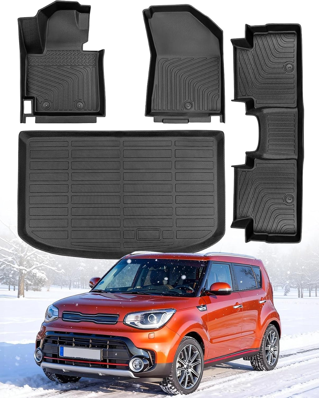 Floor Mats for Kia Soul 2014-2019: 4 PCS All Weather Cargo Liner Custom Fit for Soul (Not for Hybrid) 2014 2015 2016 2017 2018 2019, TPE Rubber Carpet Trunk Rugs Interior Protection Accessories