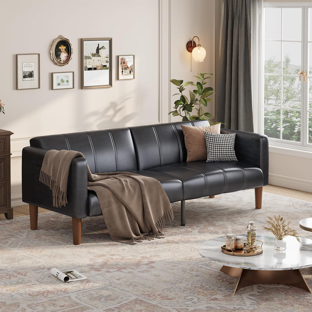 GarveeHome Futon Sofa Bed, 75-Inch Modern Faux Leather Convertible Couch, Mid-Century Loveseat for Small Space, Living Room, Bedroom, Black