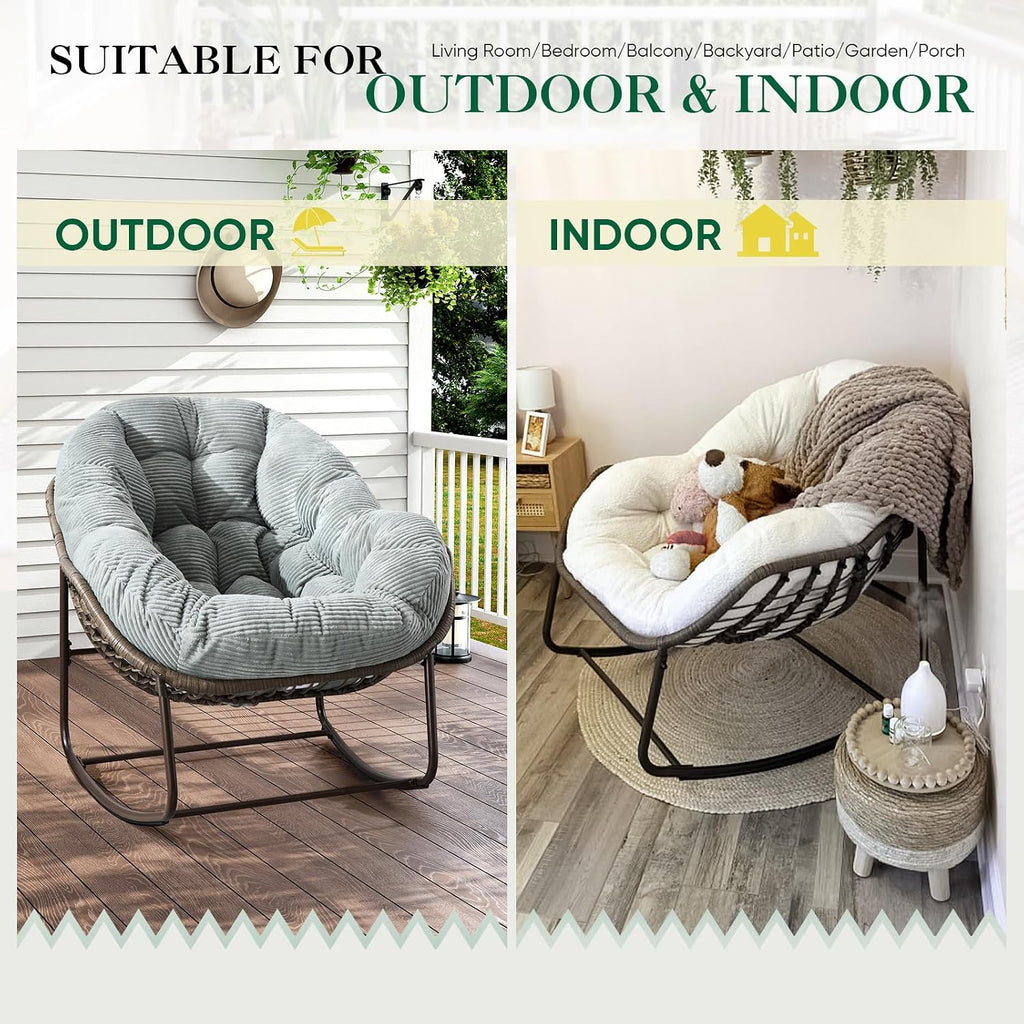 Deolme Large Papasan Rocking Chair Set of 2 with Cushion, Oversized Comfy Reading Chair Lounging Indoor Outdoor Rocker for Front Porch Backyard Bedroom Living Room Egg Chair Rattan (Green Teddy)