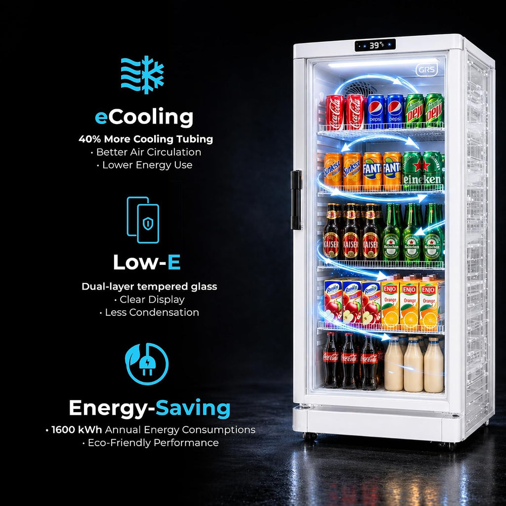 GRS Commercial Display Refrigerator with Glass Door Lock | Cool Air Flow & Temperature | Beverage fridge, Drink and Wine Cooler with Adjustable Display Shelf for Stores and Bars | Silver, 7.1 Cu. Ft