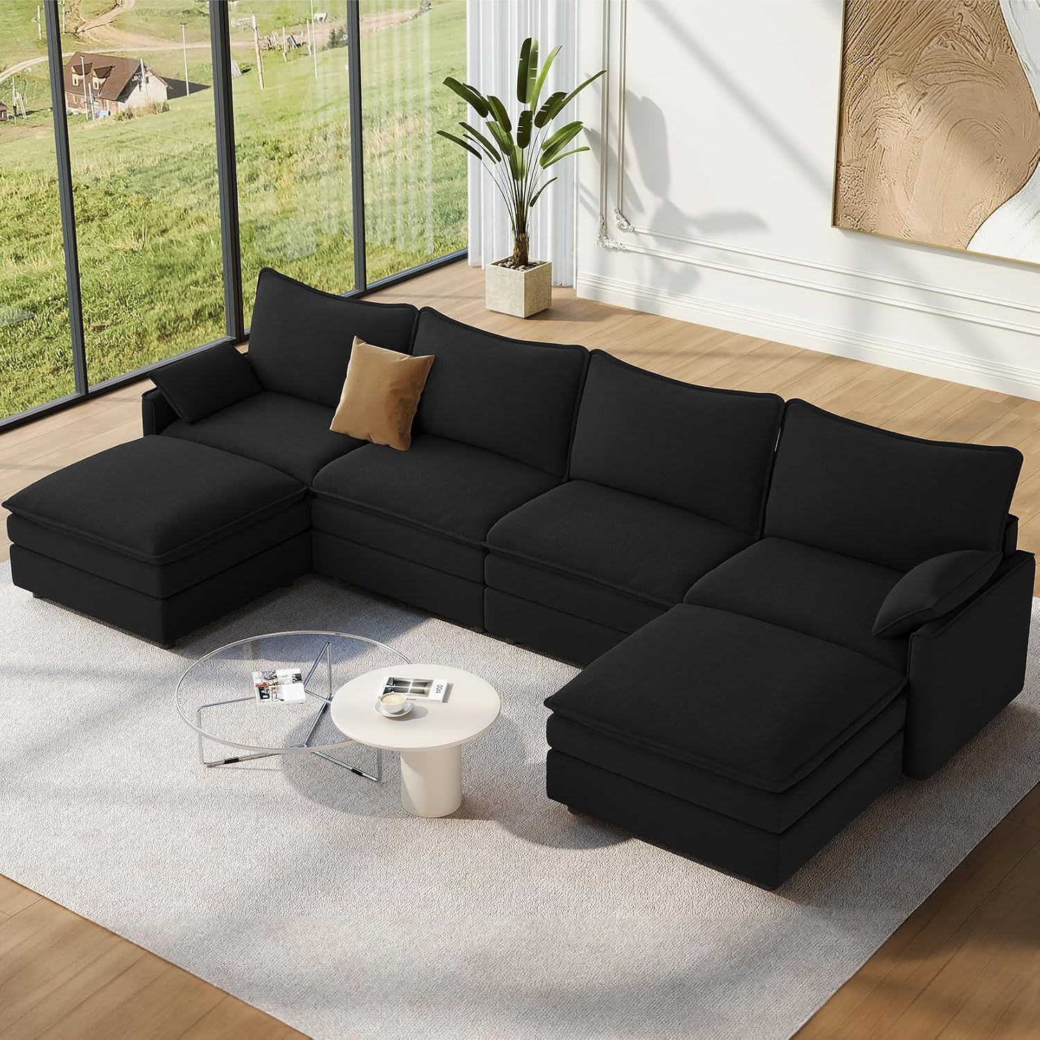 Vesgantti 142' U Shaped Sectional Couch, Comfy Cloud Modular Sectional Sofa with 2 Ottoman Deep Seat Chenille Modern Cloud Sofa, Modular Sofas for Living Room, Bedroom and Apartment, Black