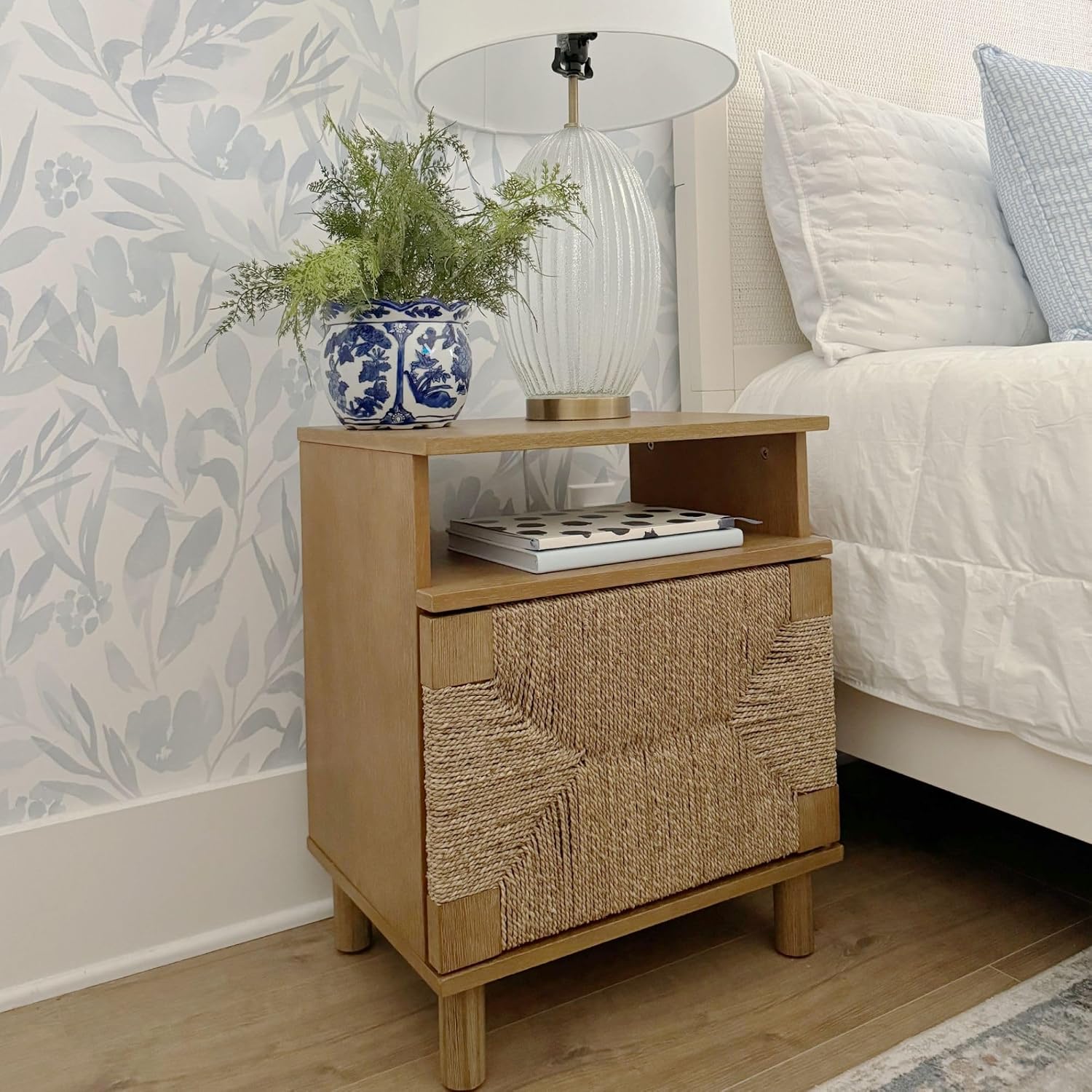 Nathan James Beacon Wood Nightstand, Bohemian Accent Table or Sofa Side Table with Seagrass Door for Bedroom or Living Room, Light Brown, Set of 2